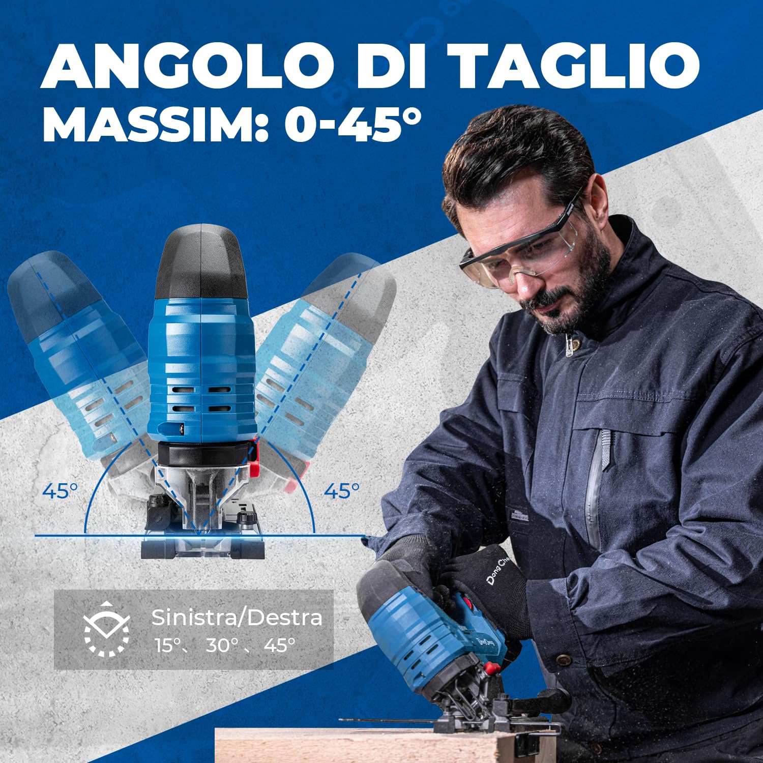 Dong Cheng Seghetto Alternativo 18V Senza Spazzole | Pendolo 800-3500 SPM | Taglio 0-45° | 6 Velocità | Con Doppio LED, Soffiatore, Batteria 4Ah, Caricabatteria, 6 Lame & Valigetta