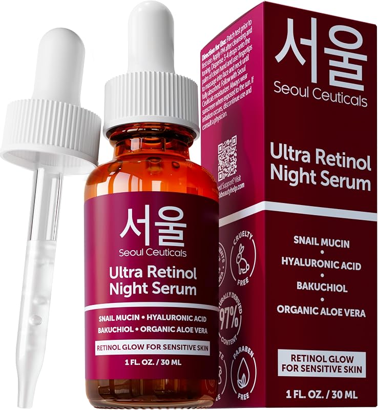 1% Retinol Snail Mucin Night Serum for Face Korean Skin Care | 97.5% Snail Mucin, Cruelty Free, Anti Aging Facial Skin Booster, K Beauty Skincare for All Skin Types & Sensitive Skin
