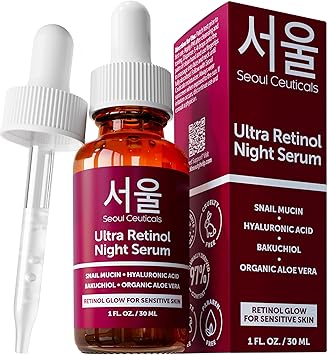 SeoulCeuticals 1% Korean Retinol Night Serum for Face - 97.5% Snail Mucin + Hyaluronic Acid + Bakuchiol, Cruelty Free K Beauty for Sensitive Skin 1oz