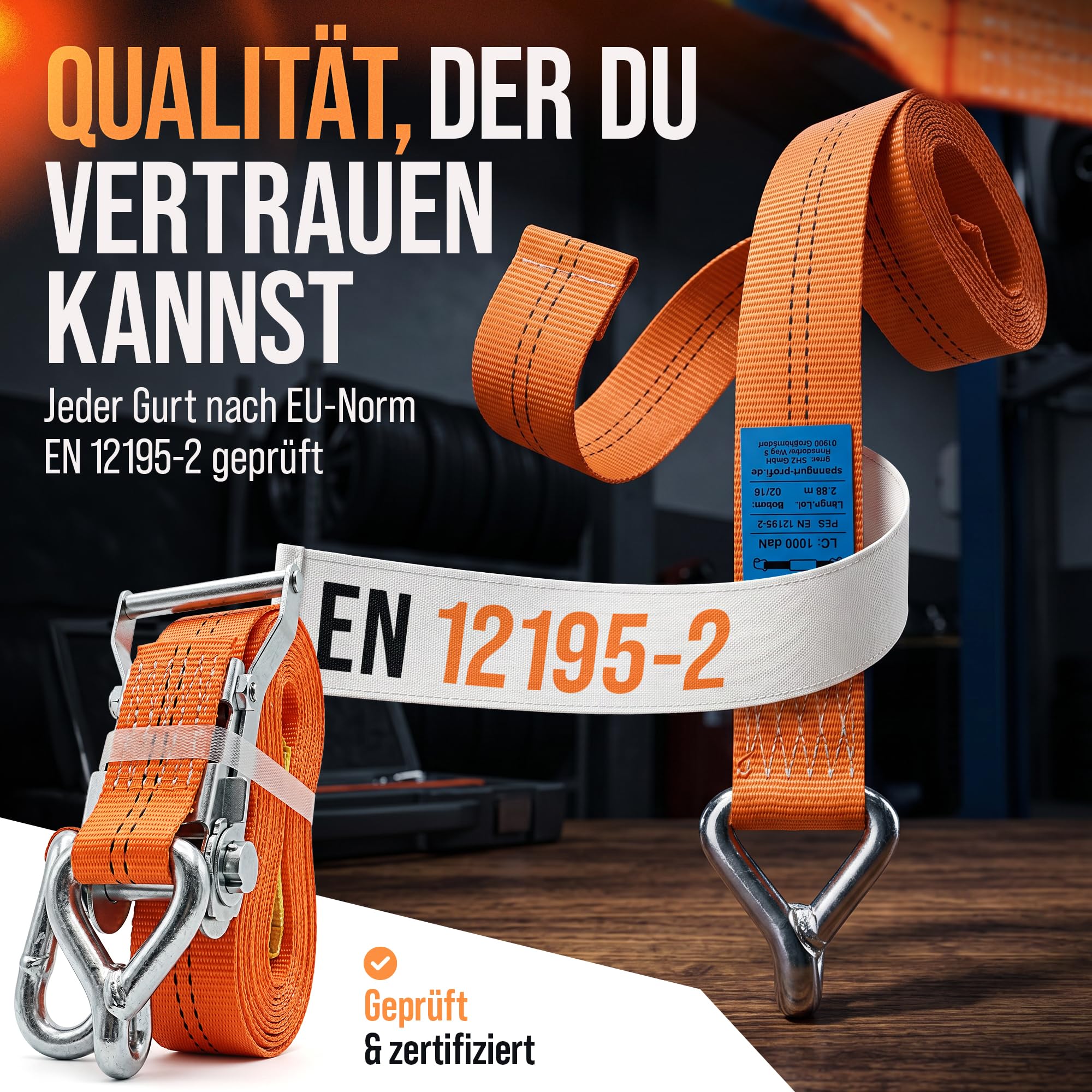 SHZ Spanngurte Autotransport mit Ratsche 4 Stück | 3mx35mm 1000 daN (4x21) | Spanngurt Ratschengurt zur Radsicherung mit stabilen Spitzhaken | Reifengurt für PKW und KFZ auf Anhänger und Trailer