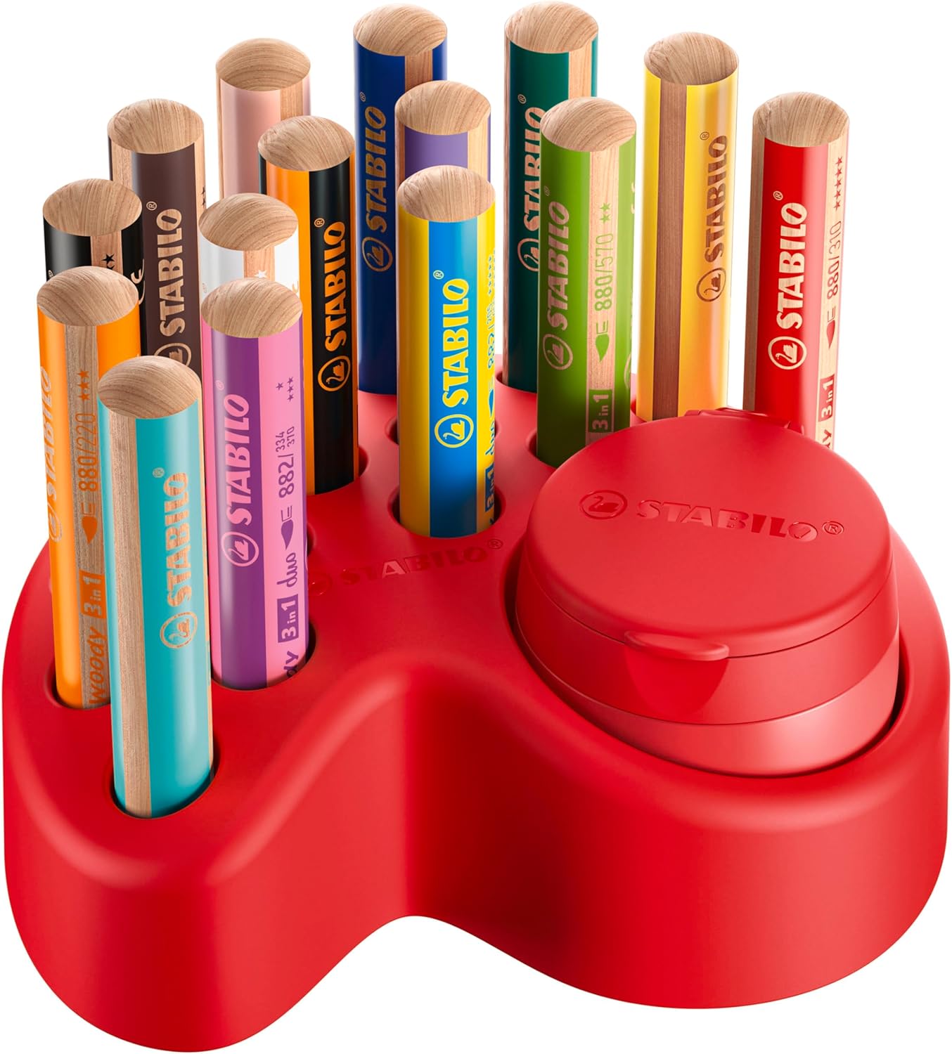 STABILO – Premium-Tischset – woody 3 in 1-15er Pack – 10x woody 3 in 1, 2x woody 3 in 1 Pastel, 3x woody 3 in 1 duo, 1x Dosenspitzer, 1x Tischset