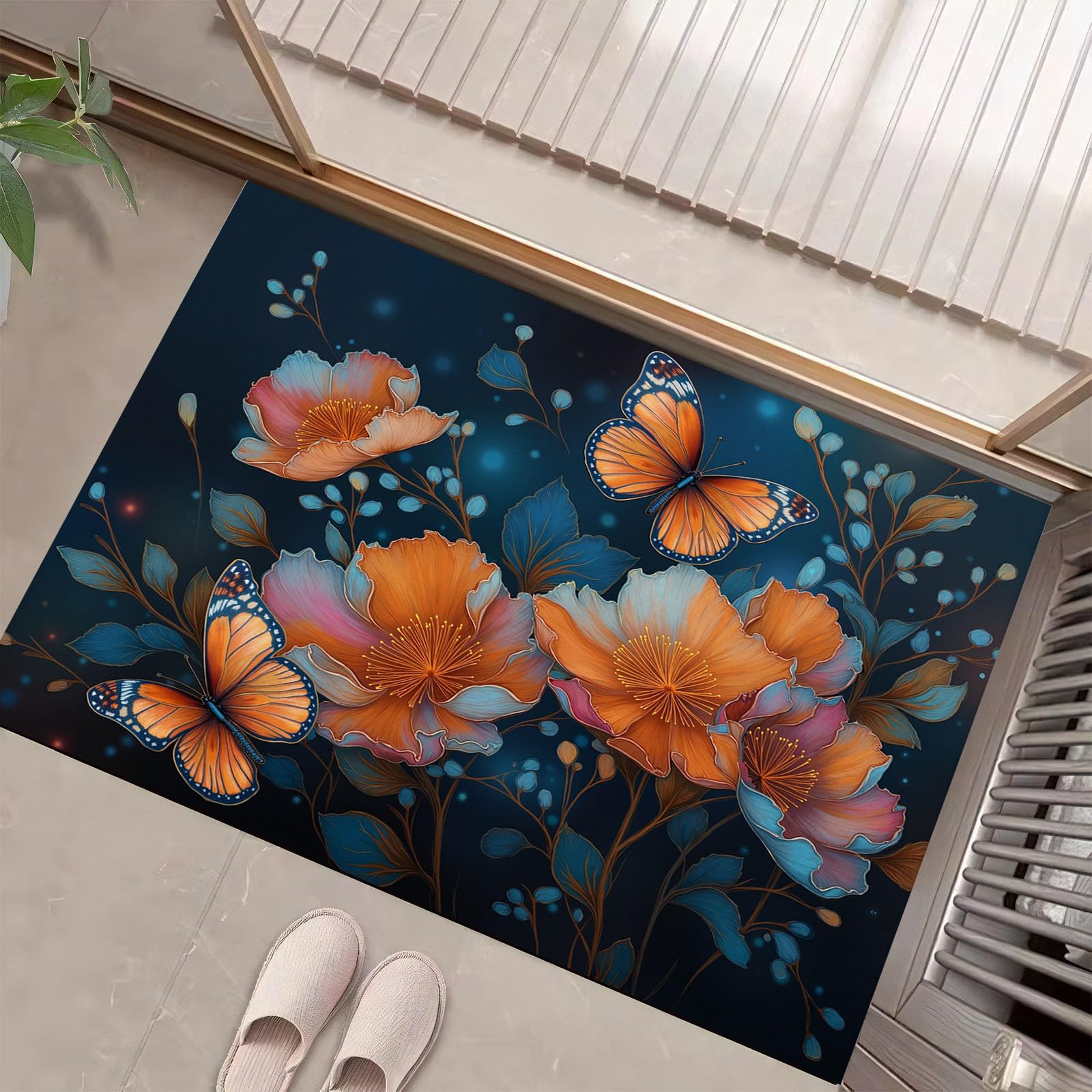 Tapis fleurs et papillon lavable antidérapant pour escaliers et salle de jeux