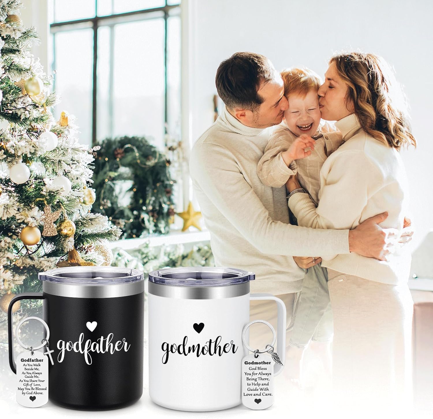 LiqCool Godparents Proposal Gift, Godmother & Godfather Mug Set with Keychain, Godparents Gift for Godmother Godfather, Will You be My Godparents Proposal, Christmas Baptism 12 Oz Black & White - Image 5