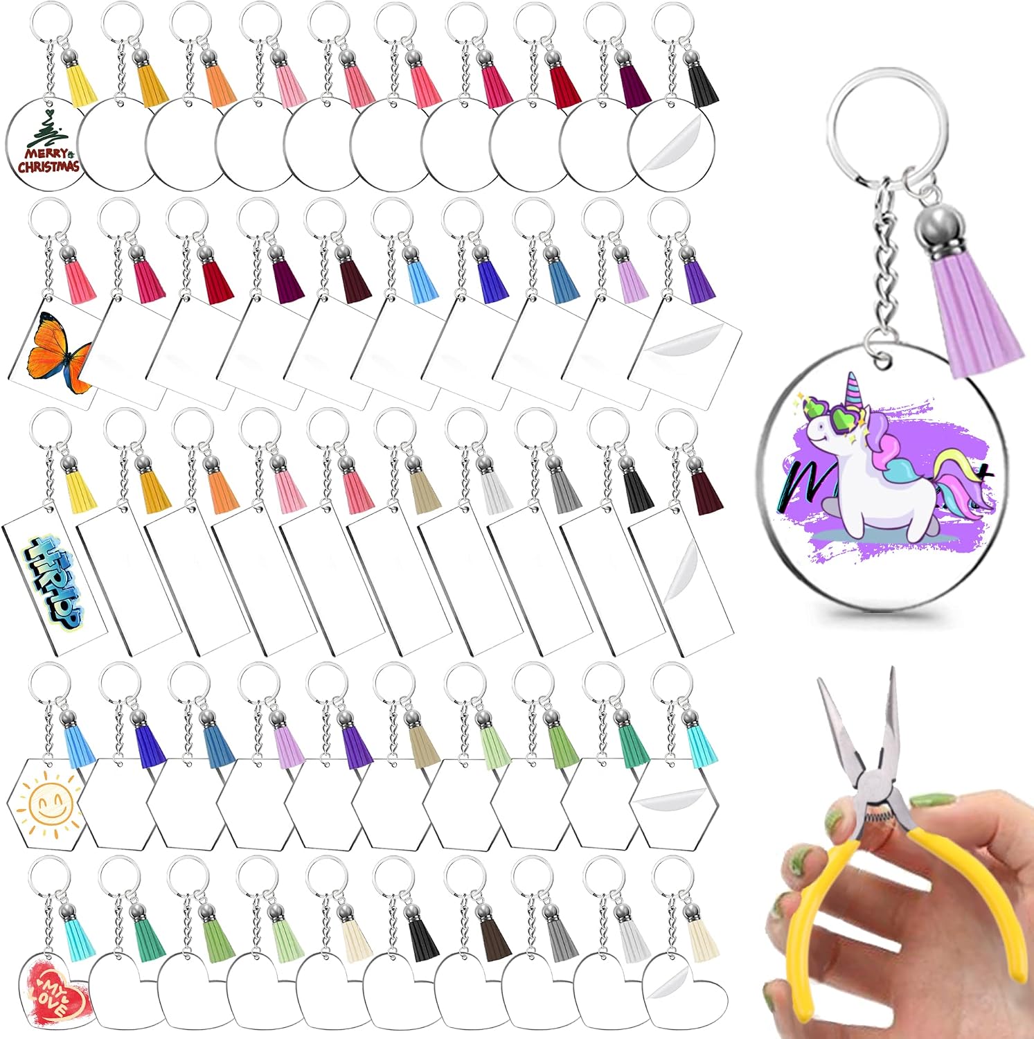 251PCS Blank Keychains for Vinyl, Acrylic Blanks Bulk with 5 Shapes Clear Acrylic,Key Rings, Leather Tassel, Jump Rings and Craft Pliers,for DIY Craft Ornament Engrave Painting