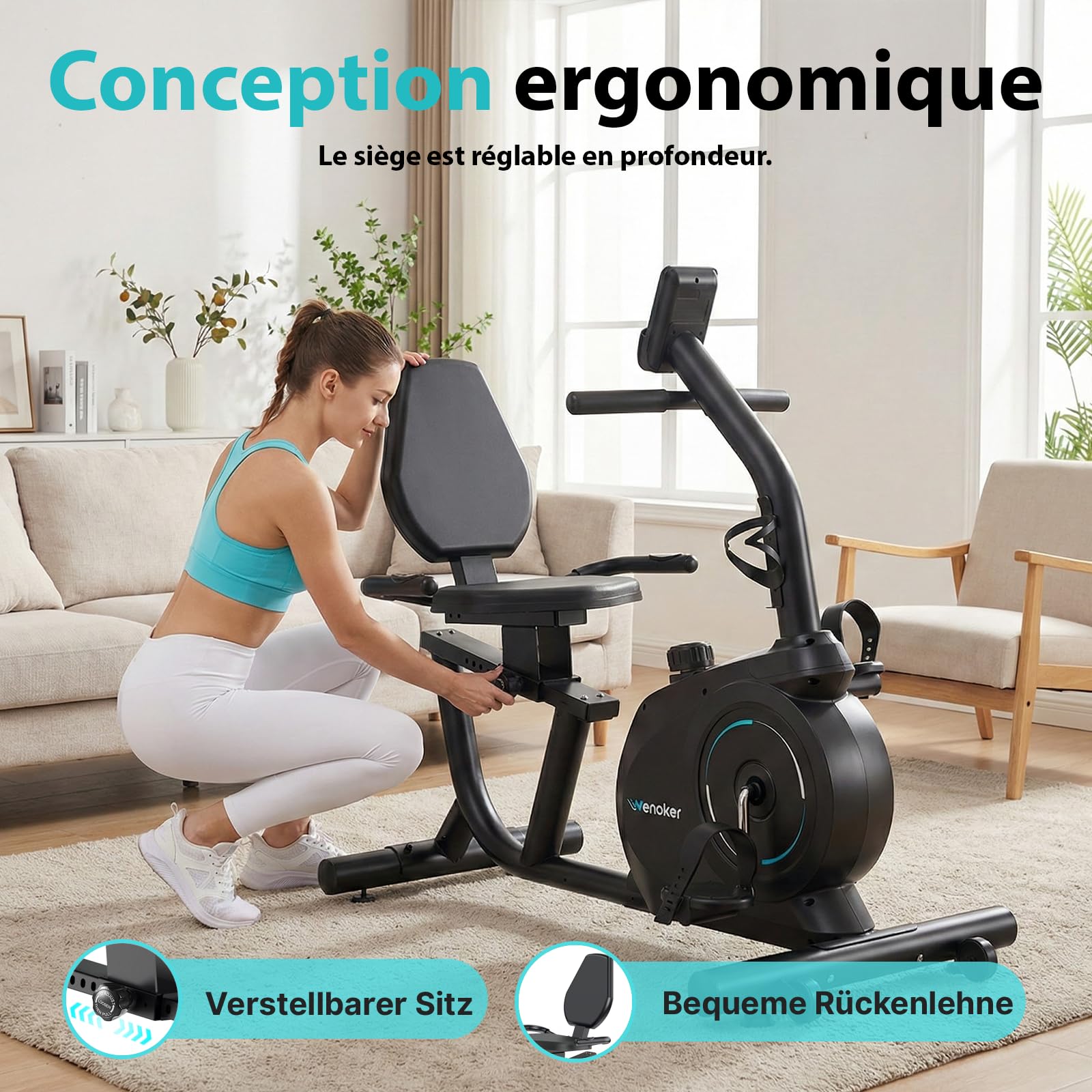 Wenoker ergomètre d'appartement avec frein magnétique, capteurs de pouls et écran LCD, 8 niveaux de résistance jusqu'à 160 kg, ergomètre d'assise avec dossier pour personnes âgées