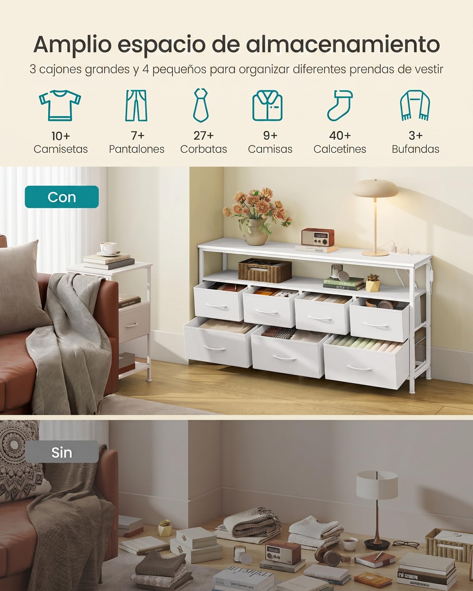 SONGMICS BELLAH Colección – Cómoda para Dormitorio, Mueble de Almacenaje, Iluminación LED Ajustable, Regleta de Enchufes, 1 Estante, 7 Cajones, Moderna, Blanco Nube LGS733WH01