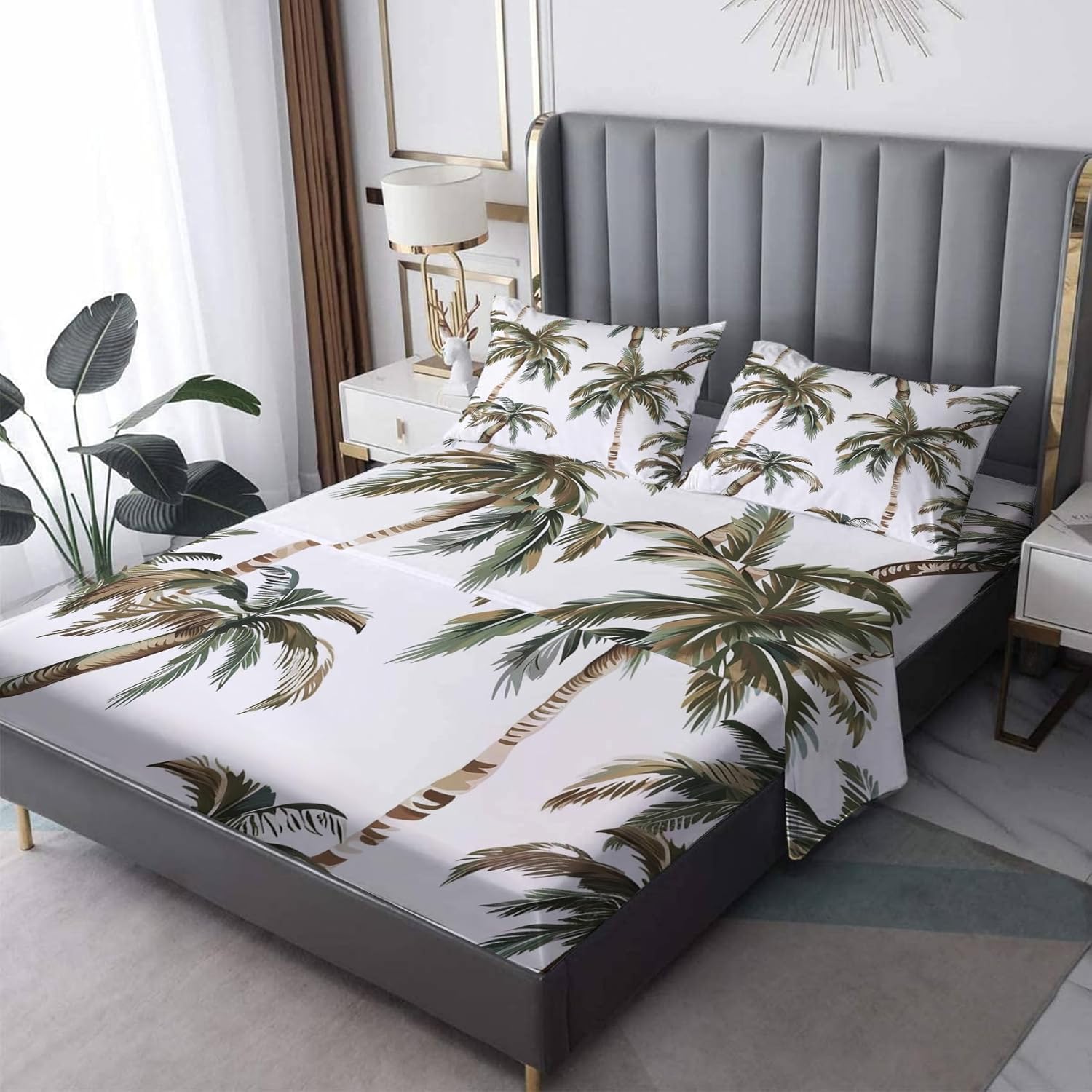 Generic Cal King Sheets - Hawaiian Bed Sheets & Bedroom Decor - Tropical Palm Tree Sheet Set - Soft Breathable Microfiber Deep Pocket Patterned Bedding Sheets & Pillowcases P-&359