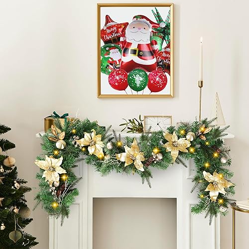 Miniatura 3 de Sggvecsy Guirnalda de Navidad artificial de 6 pies con agujas de pino, bolas de Pascua doradas, bayas, piñas, decoración de Navidad para pared,