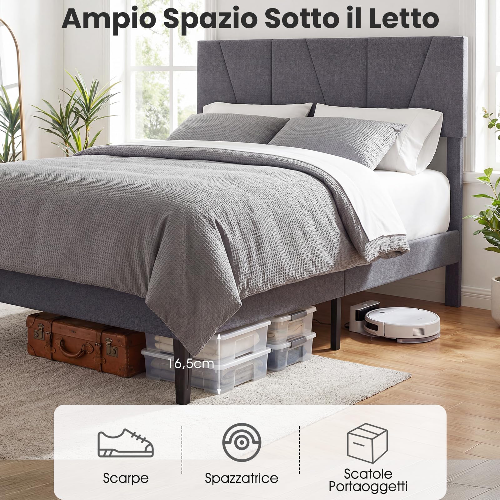 COSTWAY Struttura Letto Matrimoniale, Letto Piattaforma Rivestito in Lino con Testiera Regolabile in Altezza, Doghe in Legno a Supporto del Materasso, Silenzioso (200x160cm)