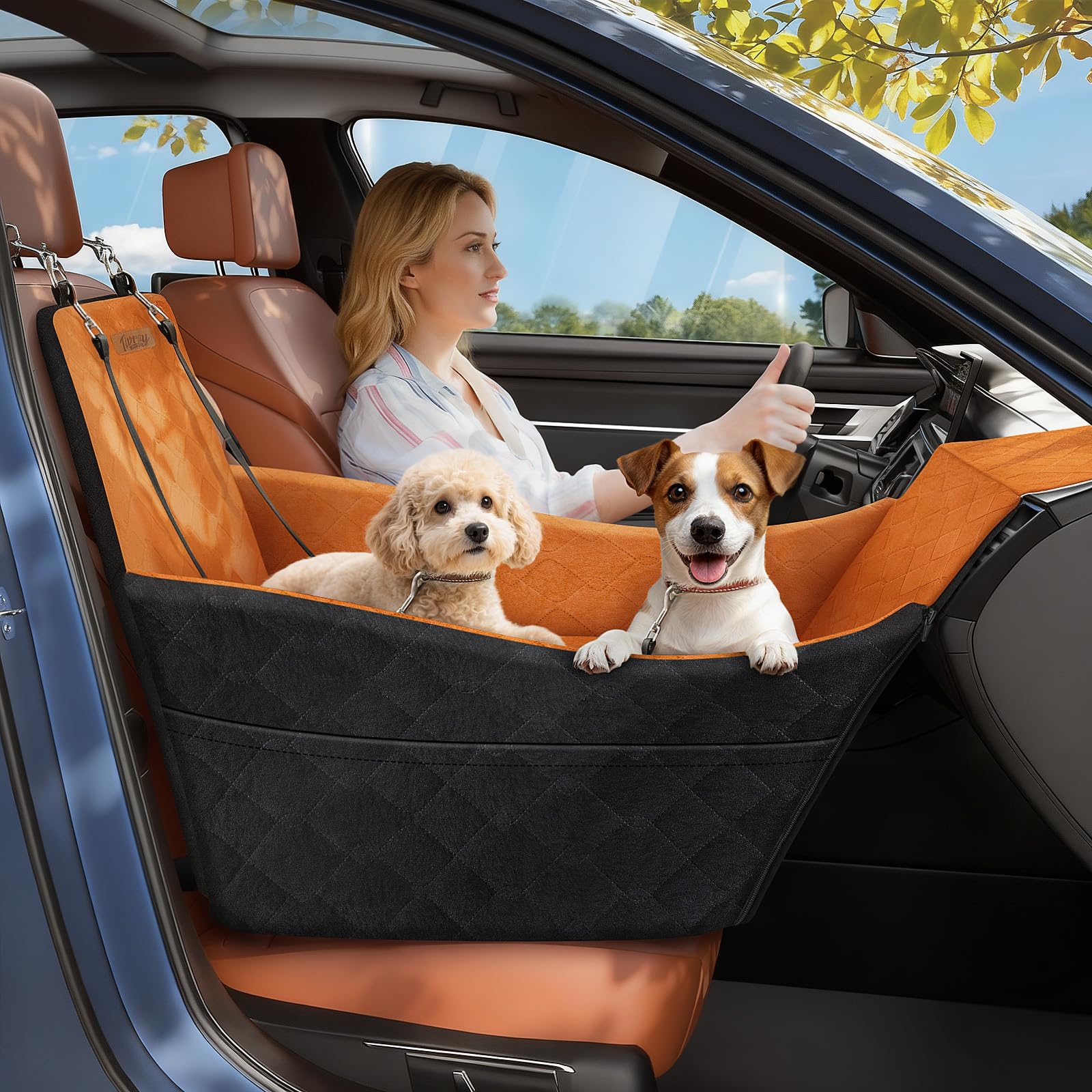 Tivray Elevated Dog Car Seat, Dog Booster Car Seats for Small & Medium Breeds Up to 35lbs, Fully Detachable and Washable, Soft Foam Pet Carseat with 2 Storage Pockets & 3 Safety Belts, Black + Brown