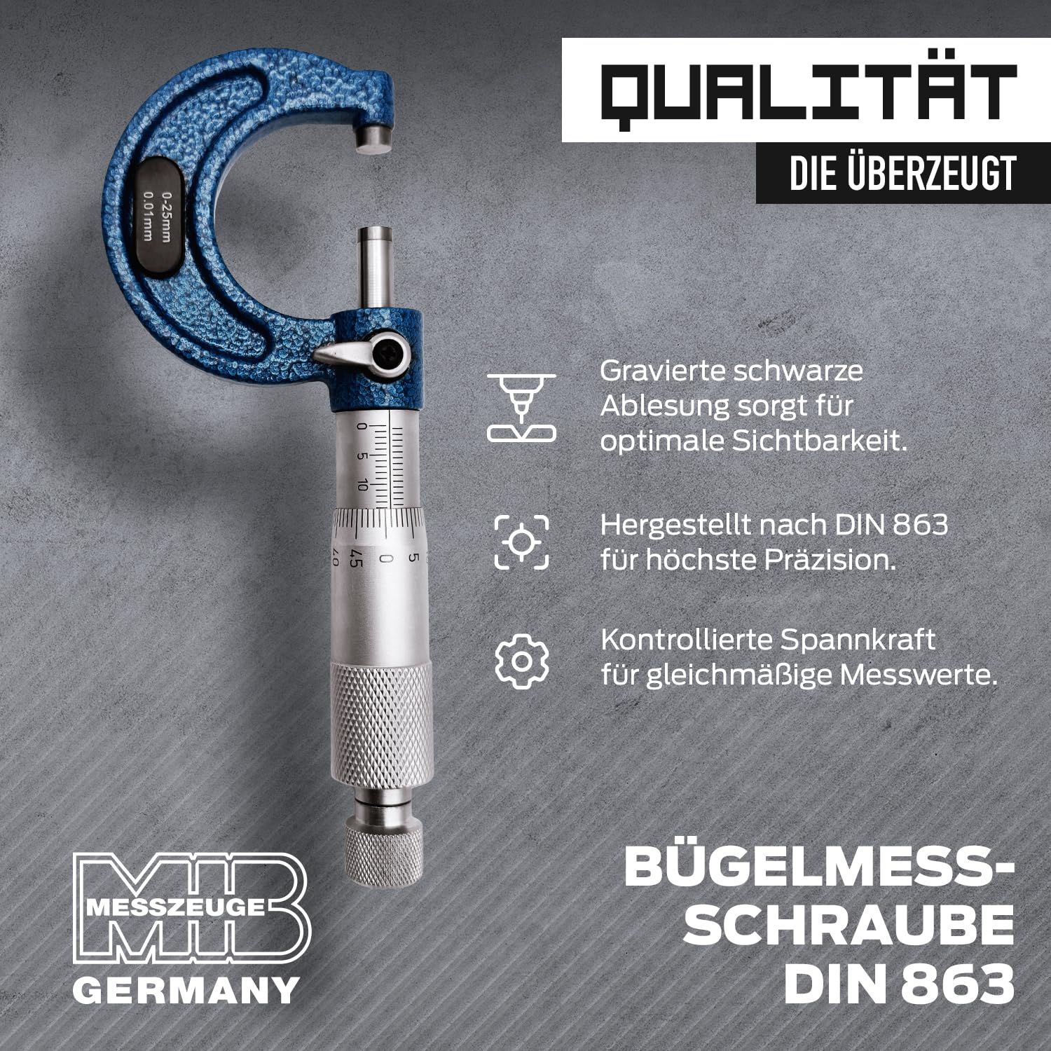 MIB Bügelmessschraube DIN 863, lackierter Bügel | Präzisionswerkzeug | Mikrometer mit HM-Messflächen | Mess- & Planwerkzeuge | Durchmesser Messgerät | Messbereich 0-25 mm | inkl. Einstellmaß