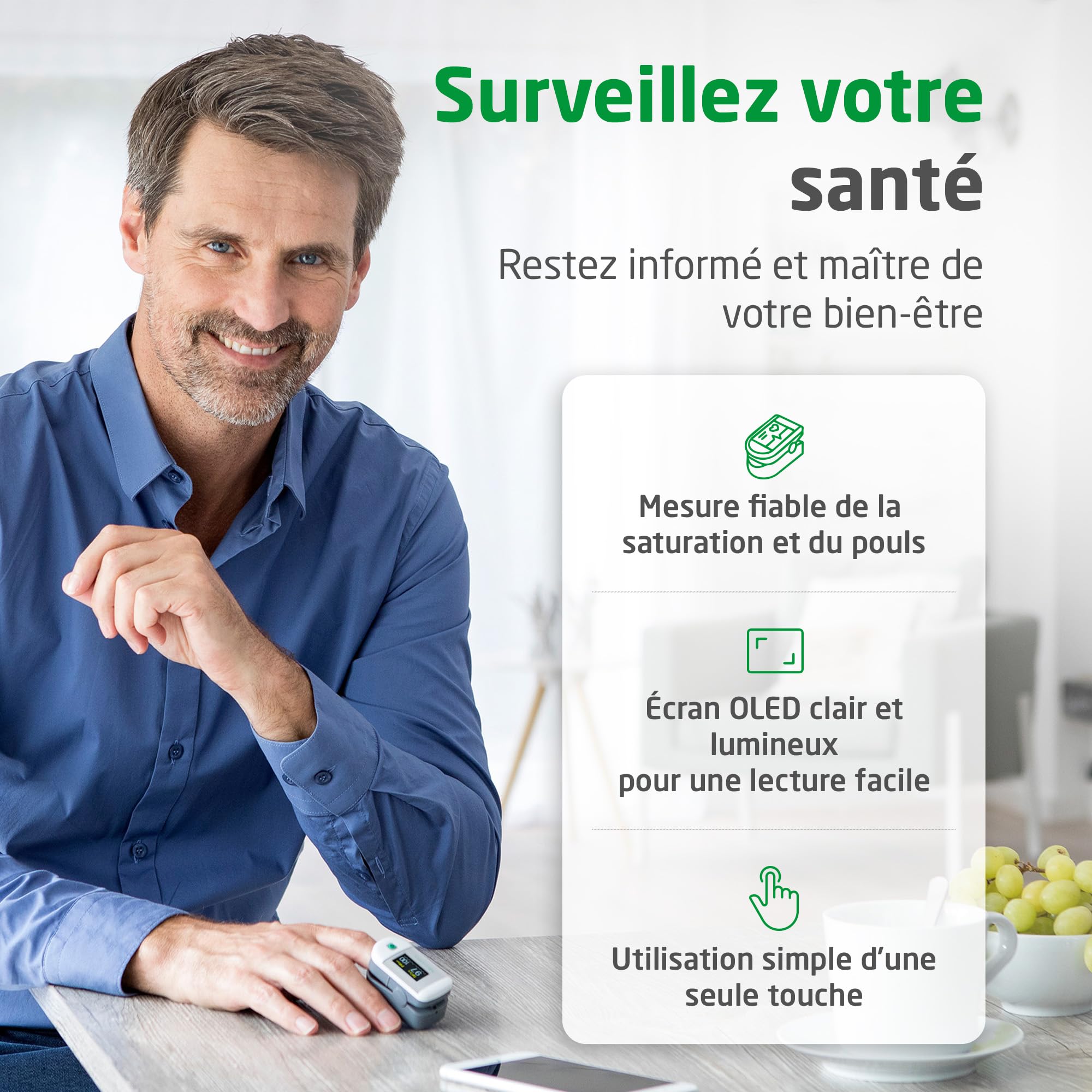 medisana PM 100, oxymètre de pouls, mesure de la saturation en oxygène du sang, oxymètre de pouls au doigt avec affichage OLED et commande à une touche