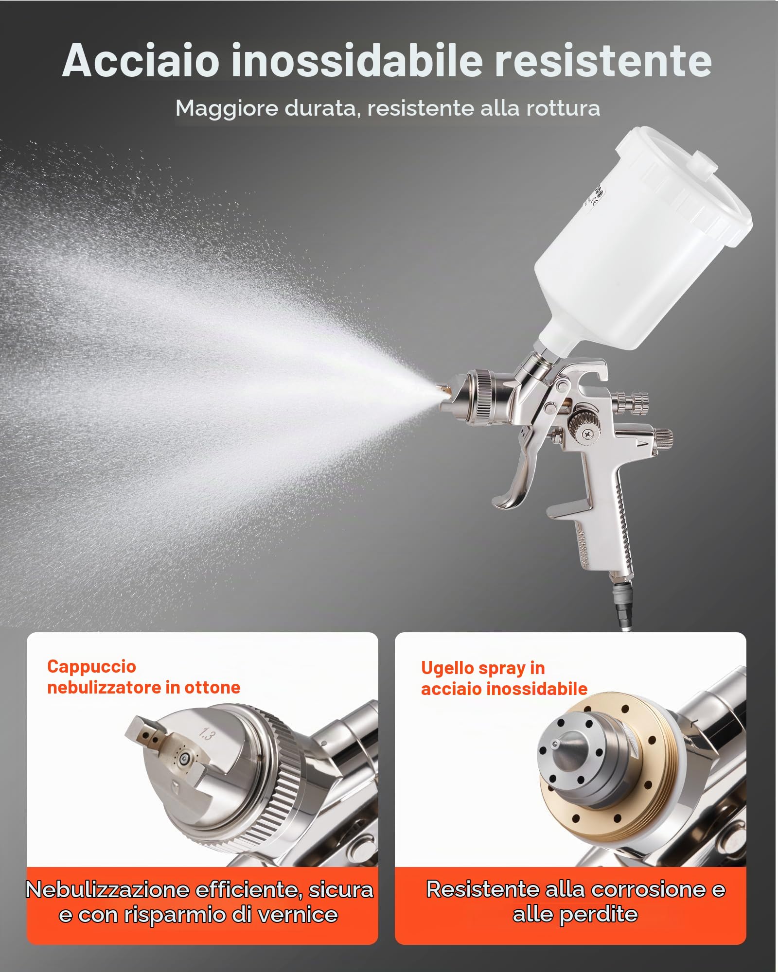 VEVOR Pistola a Spruzzo Pneumatica a Gravità LVLP 600mL con 3 Ugelli 1,3/1,4/1,7 mm, Kit di Spruzzatore ad Aria Compressa, Pistola per Verniciatura Pneumatica LVLP per Auto, Pareti