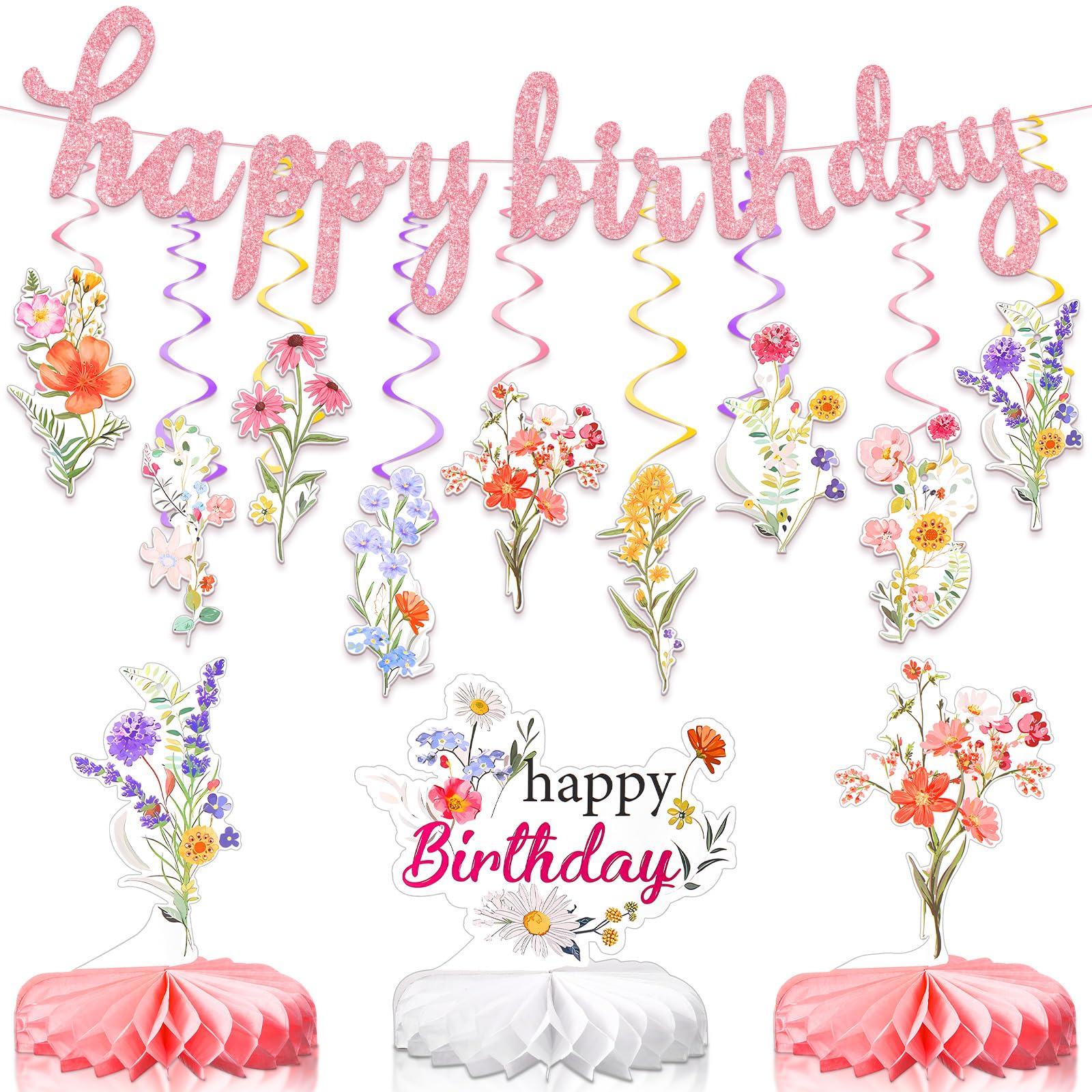 Trandraft 22 Pcs Flower Birthday Decorations 1 Wildflower Happy Birthday Banner 18 Wildflower Hanging Swirls 3 Honeycomb Centerpiece for Party