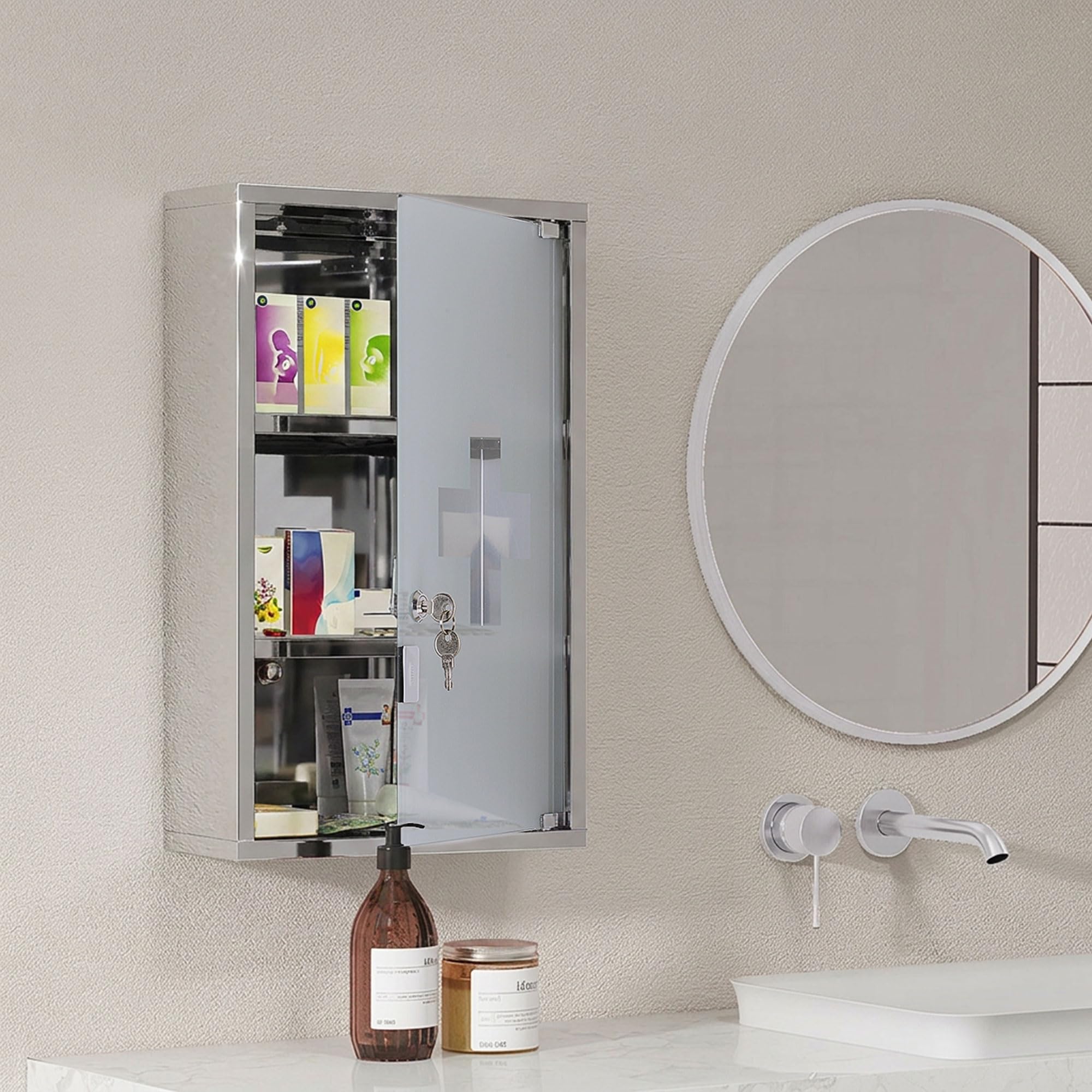 HOMCOM Armoire à Pharmacie Murale à 3 Niveaux en Acier Inoxydable avec Porte verrouillable en Verre avec 2 clés étagères de Rangement Argent