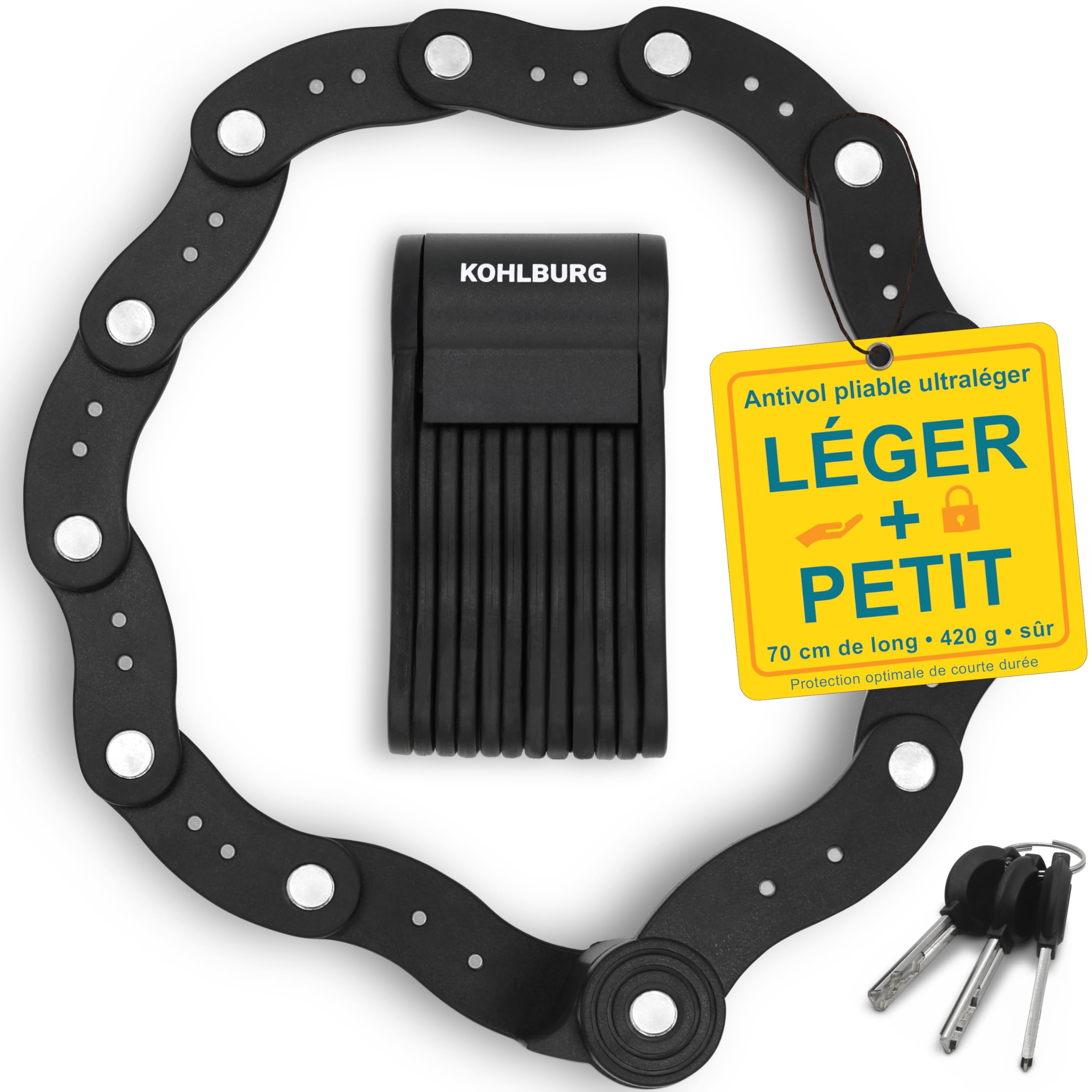 KOHLBURG antivol pliable léger de 420 g avec support pour longues randonnées, protection courte durée, antivols à maillons 70 cm pour vélo, e‑bike & vélo de course, mini antivol pliable petit & léger