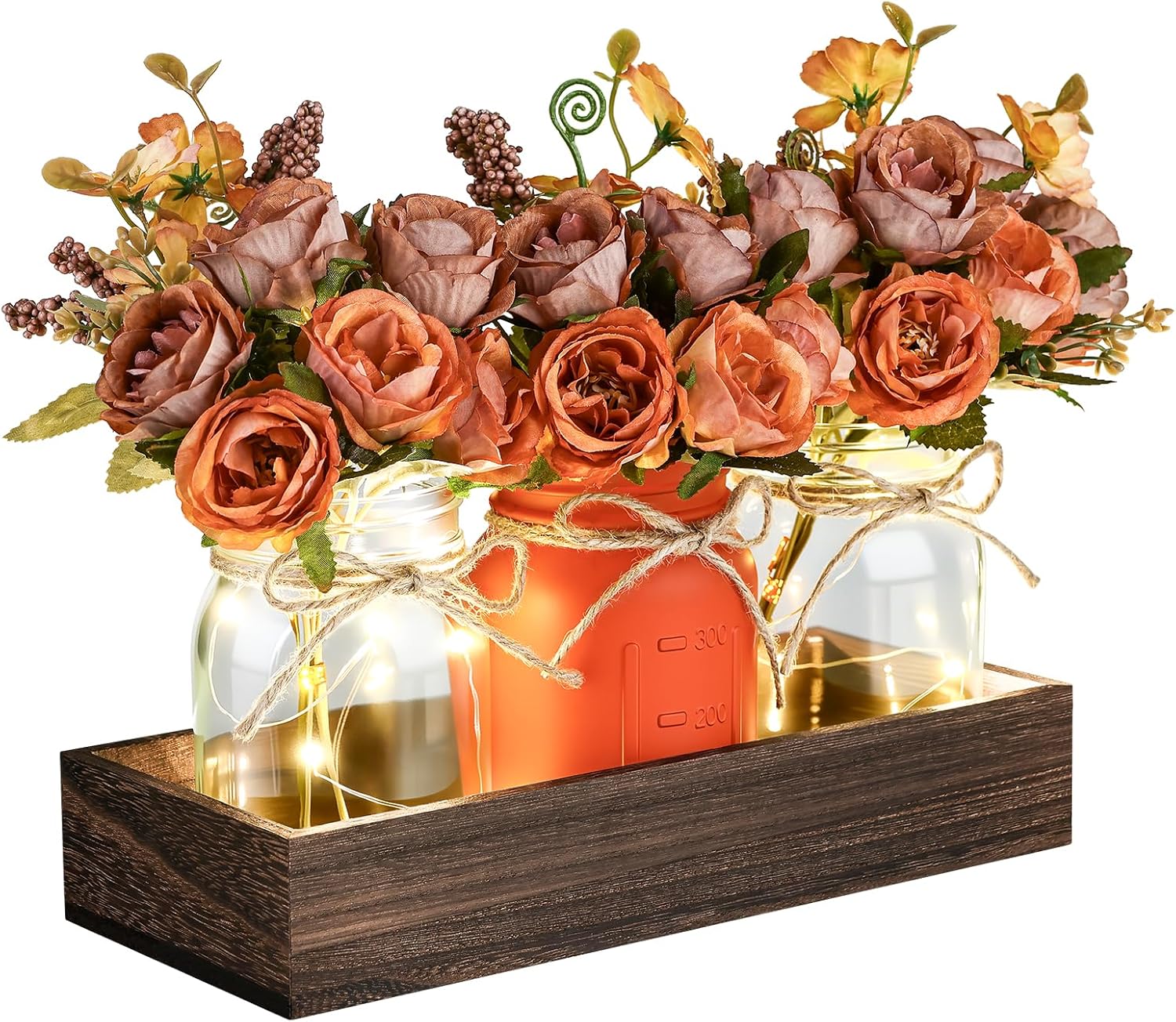 Mason Jar Lights Centerpiece Table Decorations Fall Decor for Home – 3 Jar Flowers with String Lights and Wooden Tray for Dining Room, Farmhouse Autumn Wedding, Kitchen, Living Room, Bathroom
