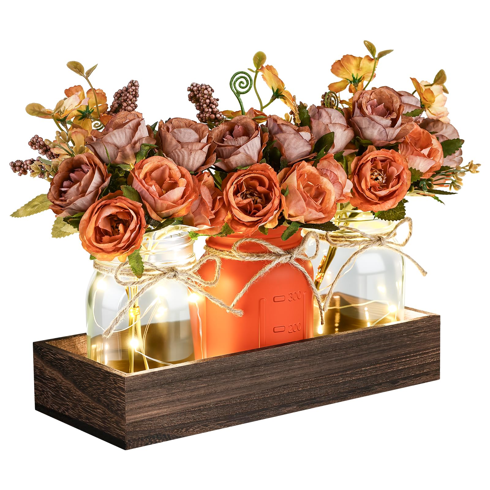 Mason Jar d'automne VAIPI : centre de table lumineux avec plateau en bois haut de gamme