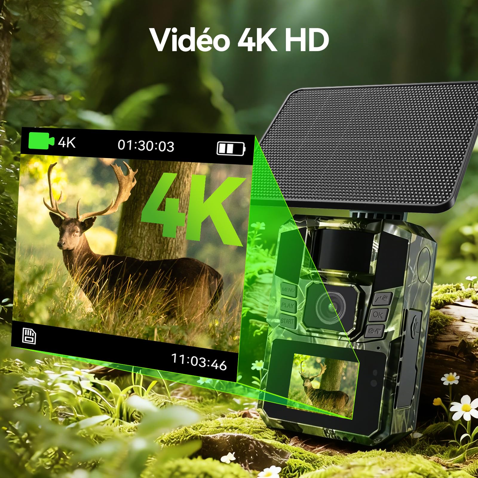 DEATTI WiFi Solaire Camera de Chasse 4K 48MP Caméra de Chasse Connectée au Téléphone Infrarouge Vision Nocturne, Piege Photographique avec 5200 mAh Batterie Rechargeable, IP65 (Carte SD Non Incluse)