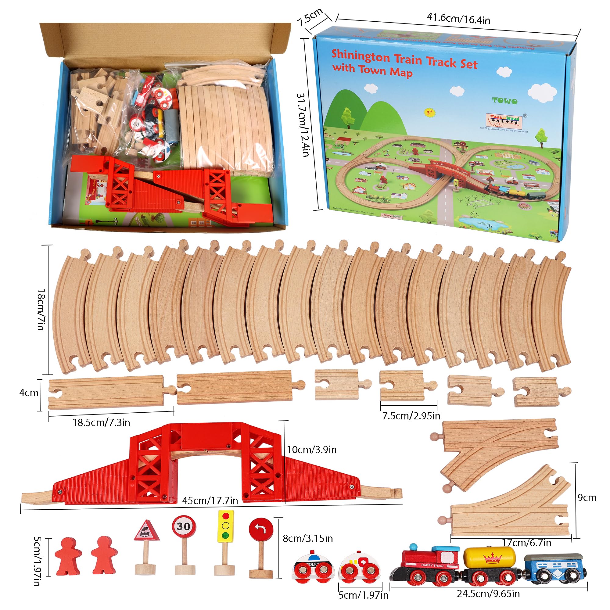 TOWO Pista trenino legno set ferrovia in legno con mappa della città - Shinington Giocattoli da costruzione per 3 anni Bambini bambine- Pista treno Regalo per bambini 345anni