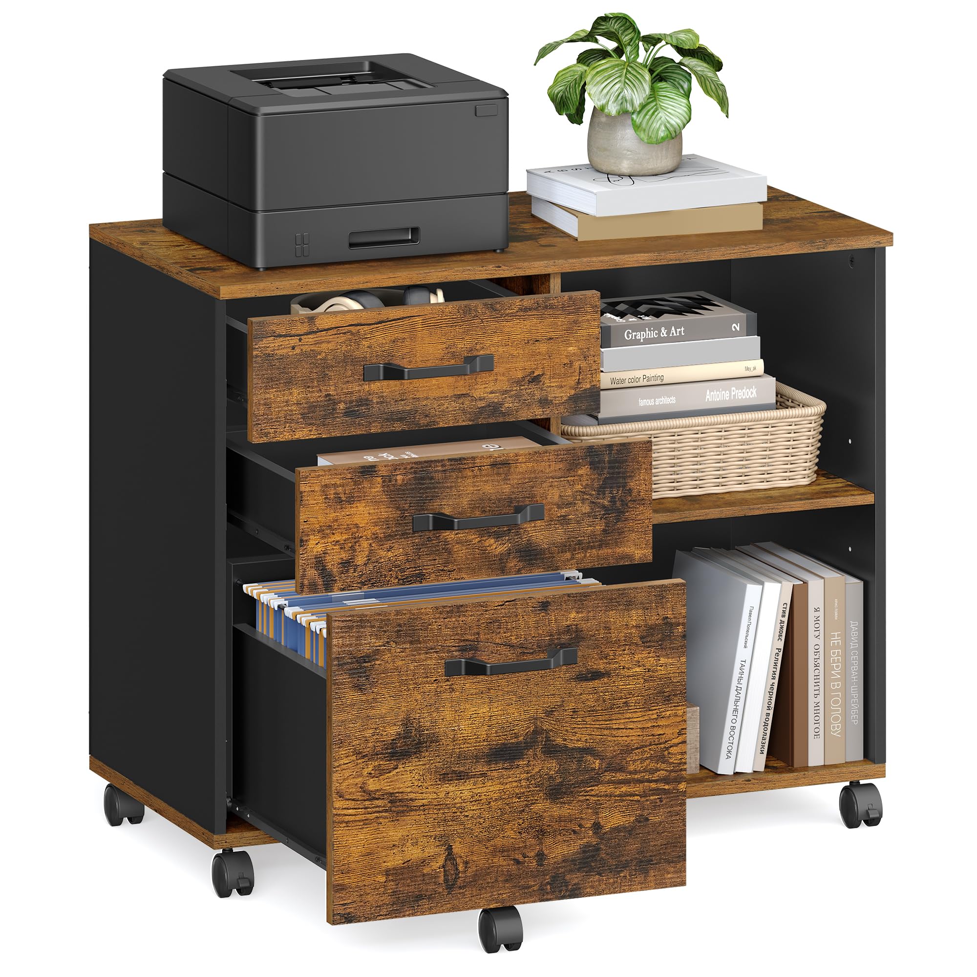 VASAGLE 3 Drawer File Cabinet Mobile File Cabinet Lateral Open Compartments for A4, Letter Documents, Printer Stand, Industrial, Rustic Brown and Black OFC041B01