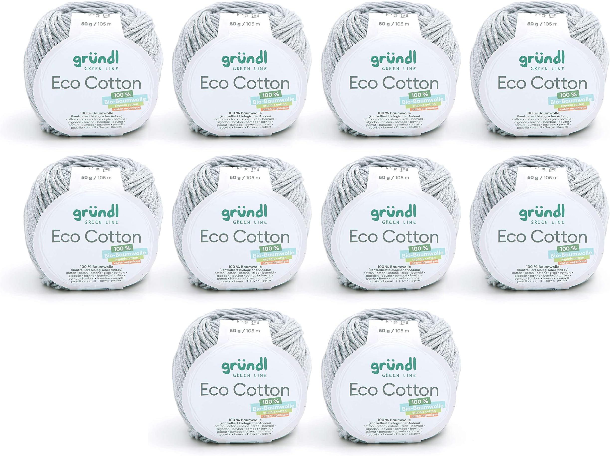 Gründl Eco Cotton Wool - Wool for Crochet - Wool for Knitting - Crochet Yarn - Soft and Skin Friendly - 100% Organic Cotton - 10 Balls 50 g / 105 m - Needle Size 3.5-4.5 - Pastel Grey