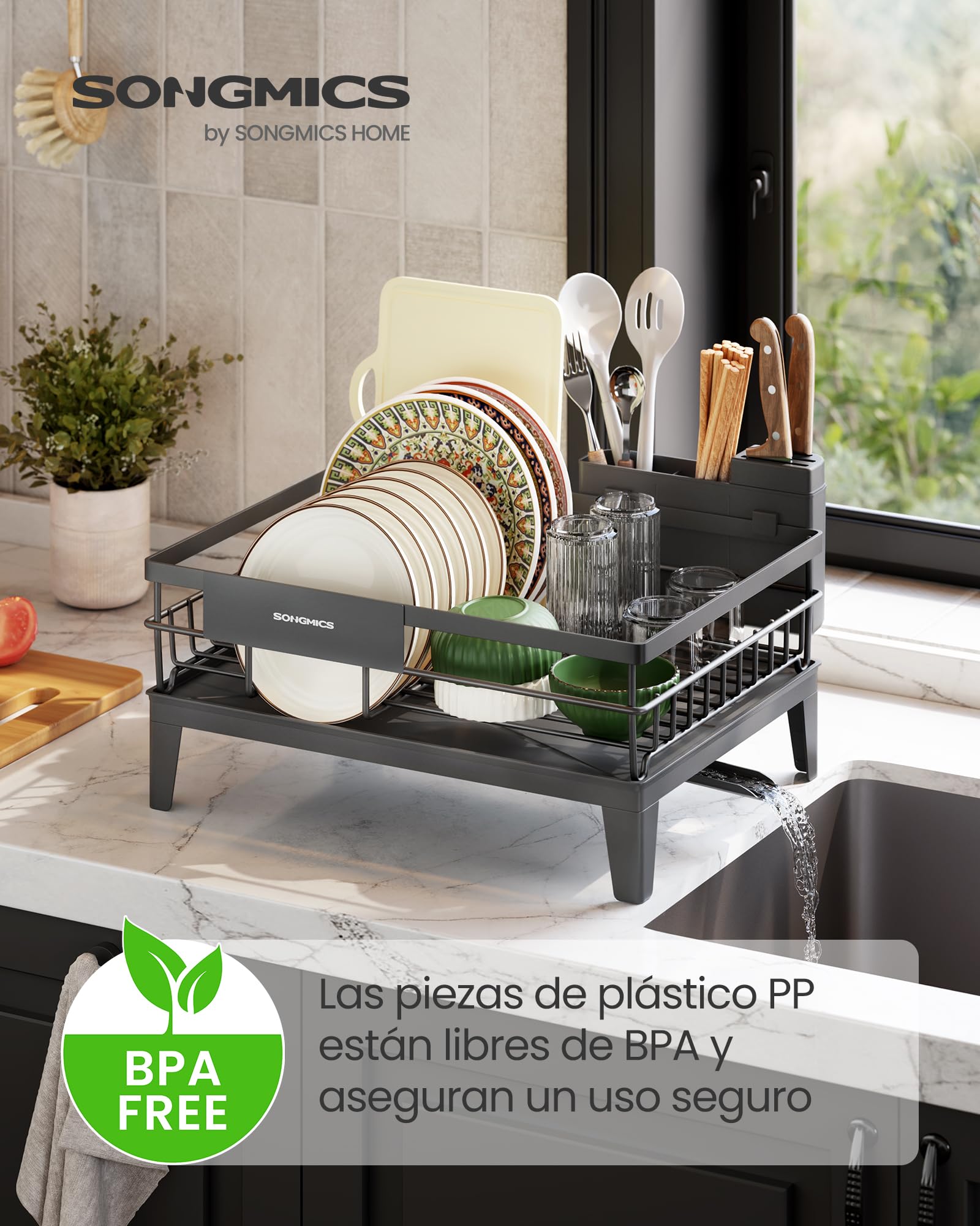 SONGMICS Escurreplatos, Escurridor para Encimera de Cocina, Giratorio 360° y Extensible, con Soporte para Cubiertos, 31 x 42 x 18,5 cm, Gris Ahumado KCS550GT01