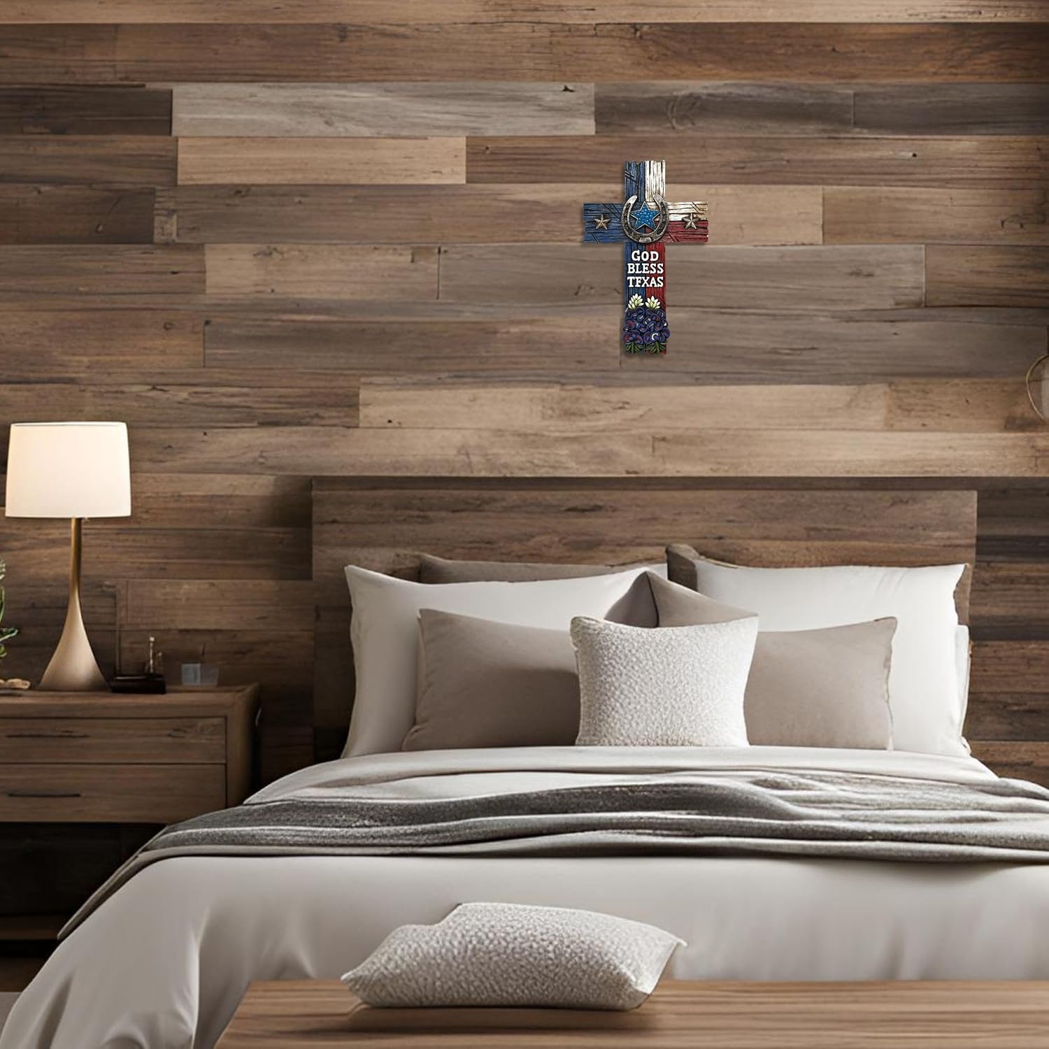 BestGiftEver God Bless Texas Faux Wooden Cross - Rustic Wall Decor with Horseshoe, Lone Star, and Bluebonnets Accents - Spiritual Jesus Art Sculpture for Texas Home Decor Lovers - Ideal Gift for Texan-Inspired Themes