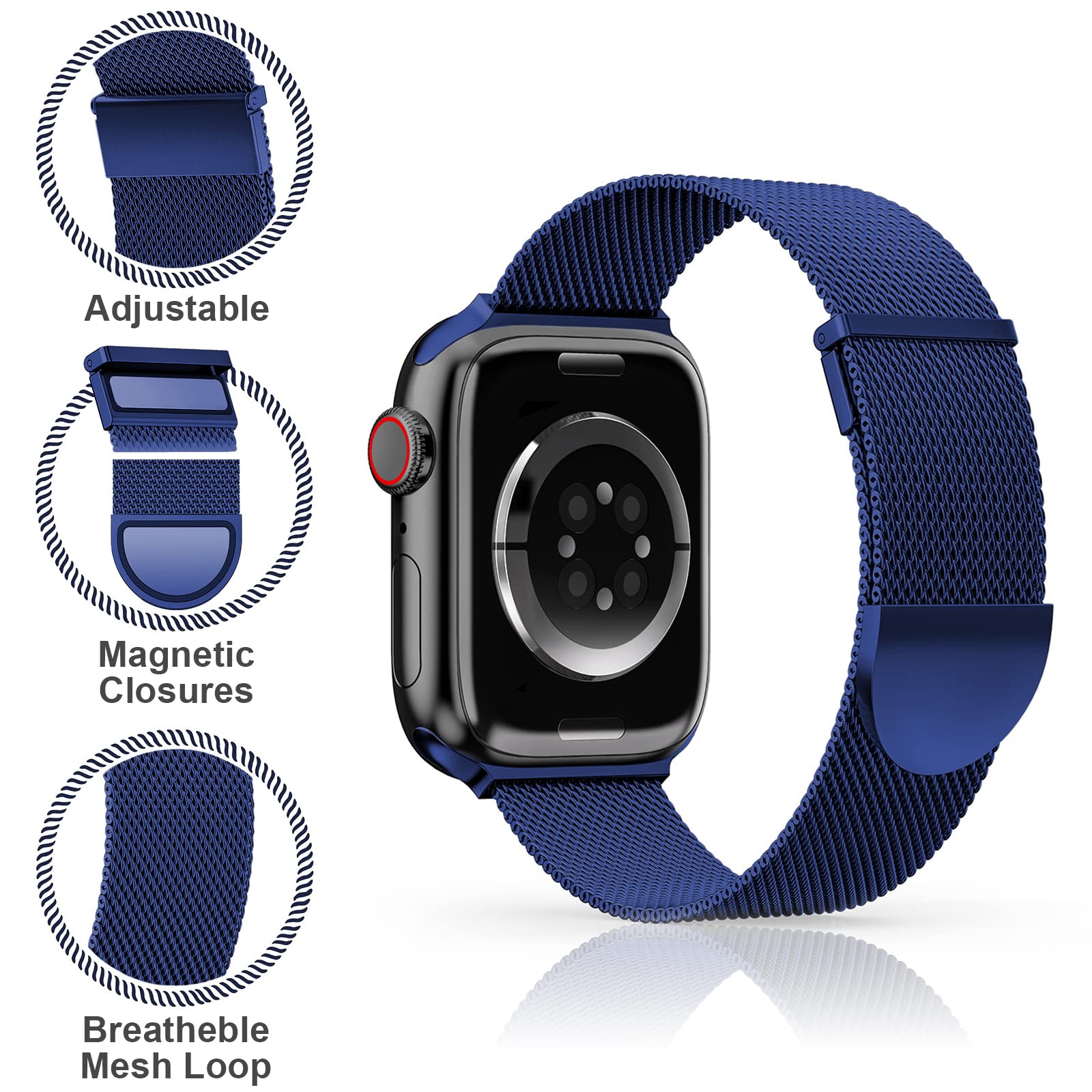 Higgs Cinturini Compatibile con Cinturino Apple Watch 49mm 46mm 45mm 44mm 42mm Donna Uomo,Cinturino Magnetiche Regolabili Doppie per iWatch Series 10 9 8 7 SE 6 5 4 3 2 1,Liscio Maglia Milanese Blu