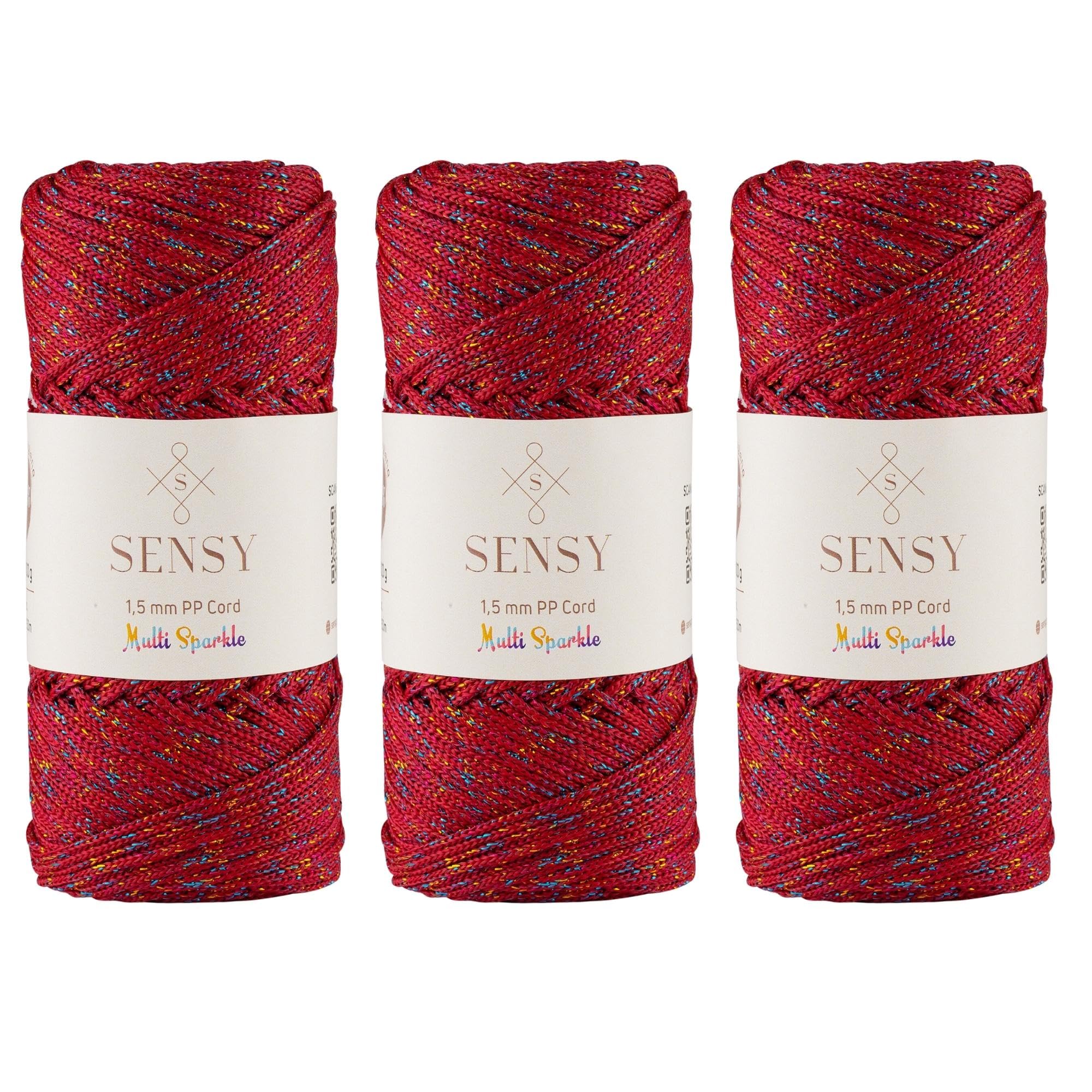 3 Skeins of Sensy 1.5mm 164 Yards Sparkle Polyester Rope 90% Polypropylene 10% Polyester Cord Macrame Cord Crochet Bag Cord Macrame Rope Crochet Thread Gift for Knitter (Dark Red Multi Sparkle)