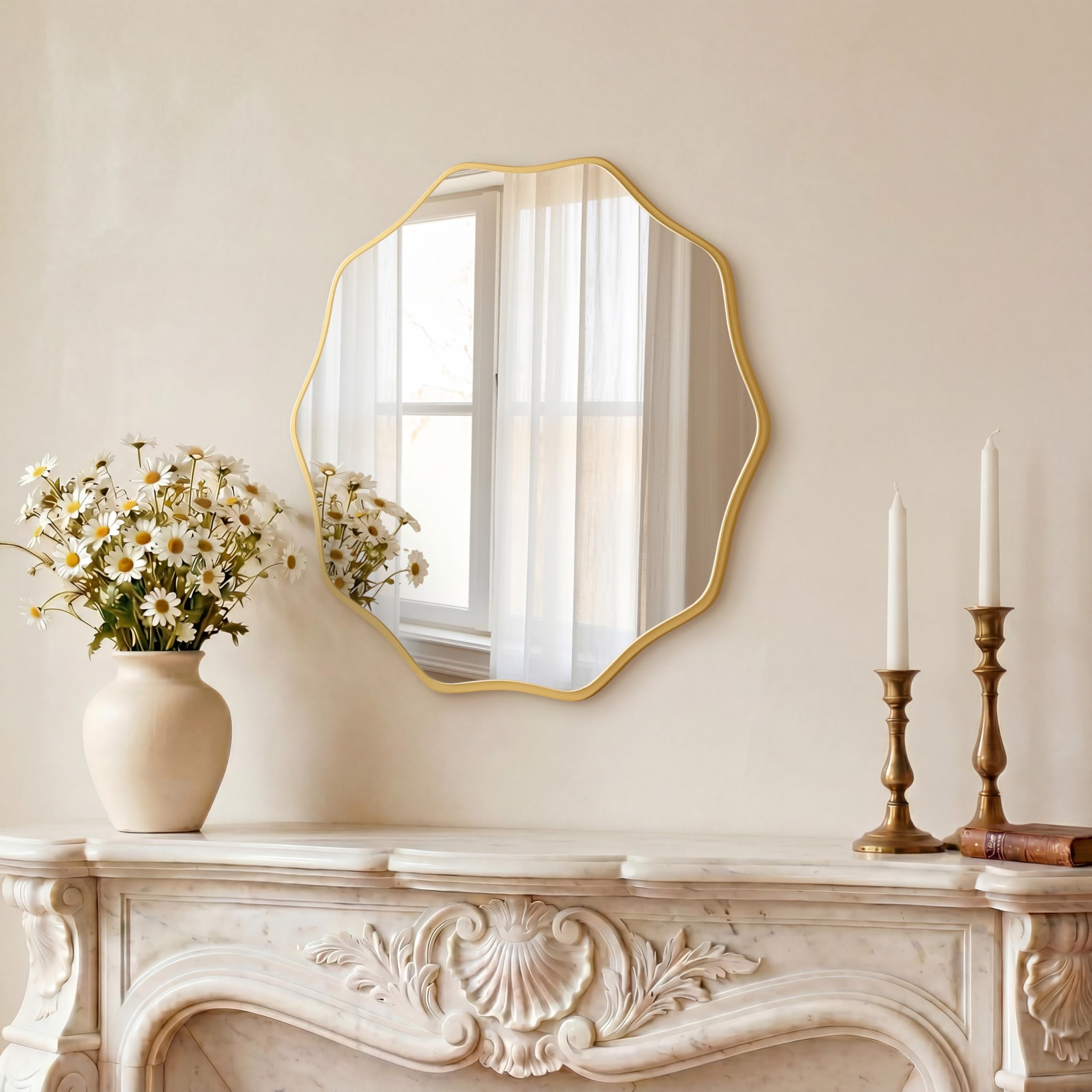 PERFNIQUE Gold Round Wall Mirror, 50 cm Wavy Wood Framed Mirror for Bathroom Nursery Bedroom Living Room Entryway, Decorative Modern Wall Decor (Gold, 50cm)