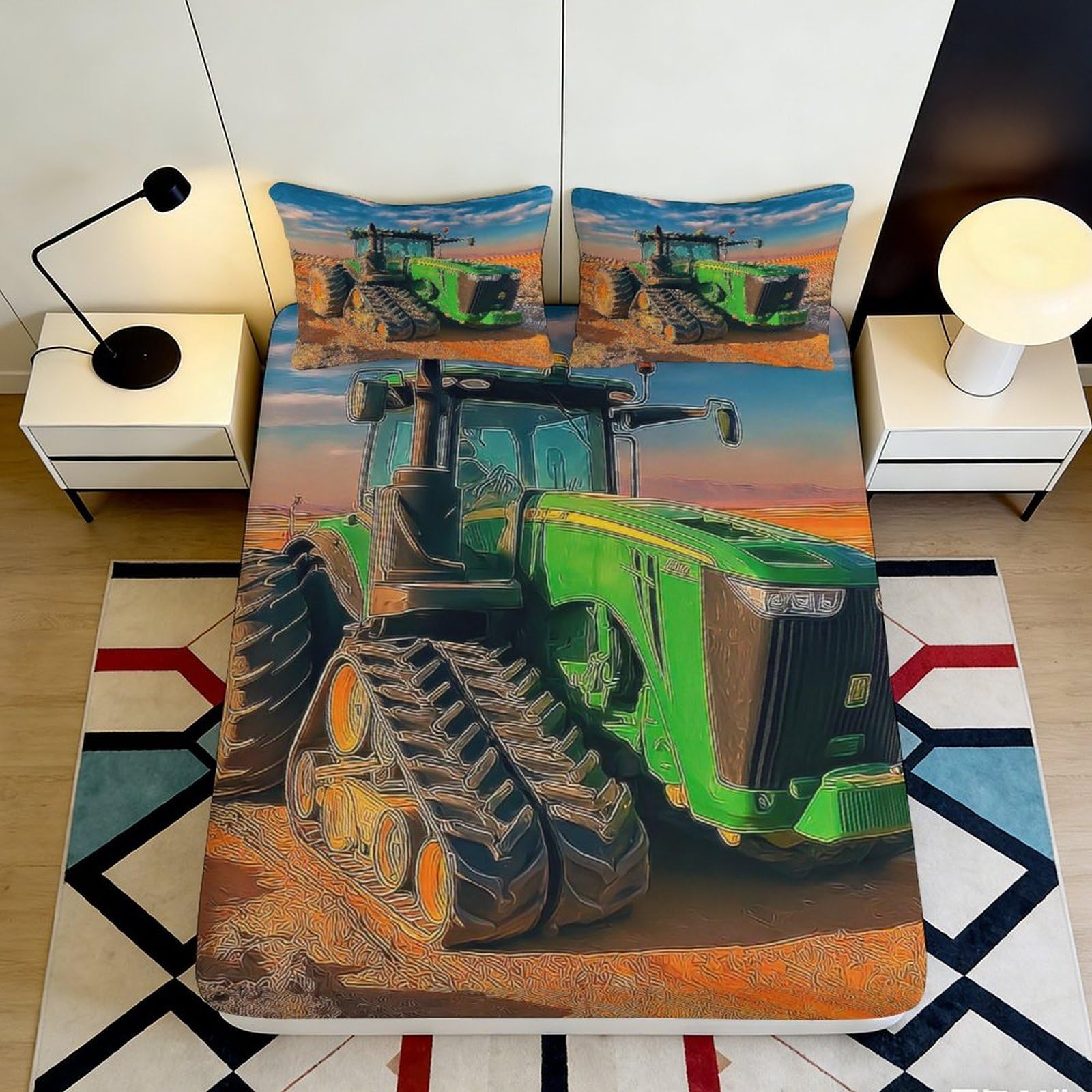 3D Printed Green Tractor Fitted Sheet Microfiber Soft Breathable Farm Machinery Bed Cover for Bedroom Guest Room 90x200x25cm
