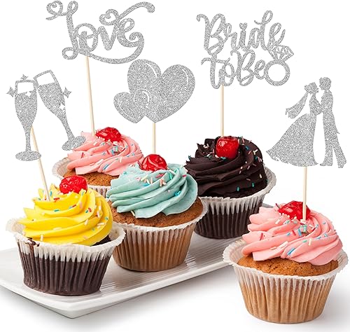 Miniatura 8 de Paquete de 30 adornos para cupcakes con purpurina "I Do Love", para decoración de pasteles de novia y novio, para boda, compromiso, despedida de