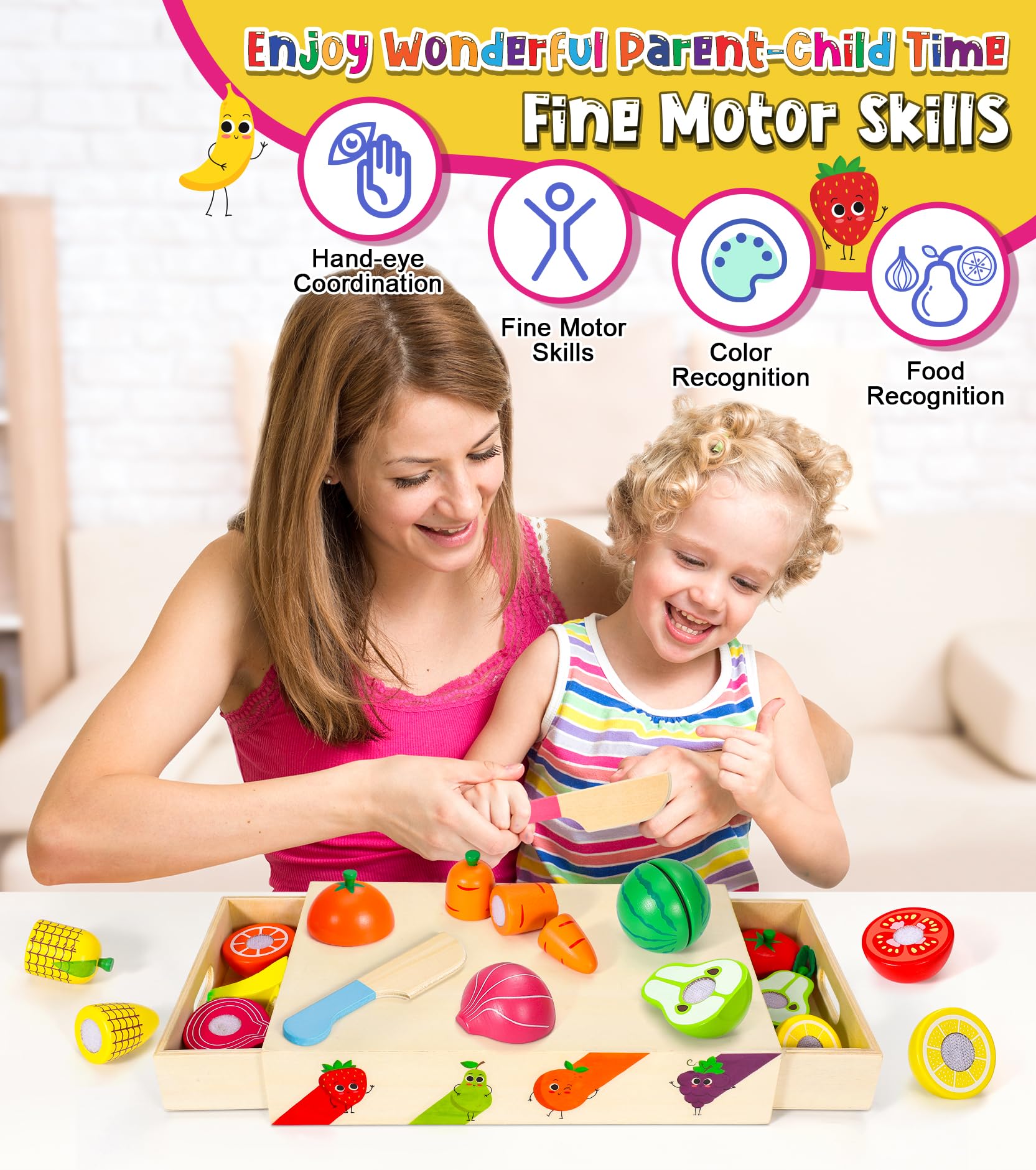 Subtail Frutta da Tagliare Giocattolo - Cibo Cucina Giocattolo per Bambini Legno - Frutta e Verdura Giocattolo Giochi Bambini 2 Anni - Giochi Montessori Cucina Legno Regalo per Bambini 2 3 Anni