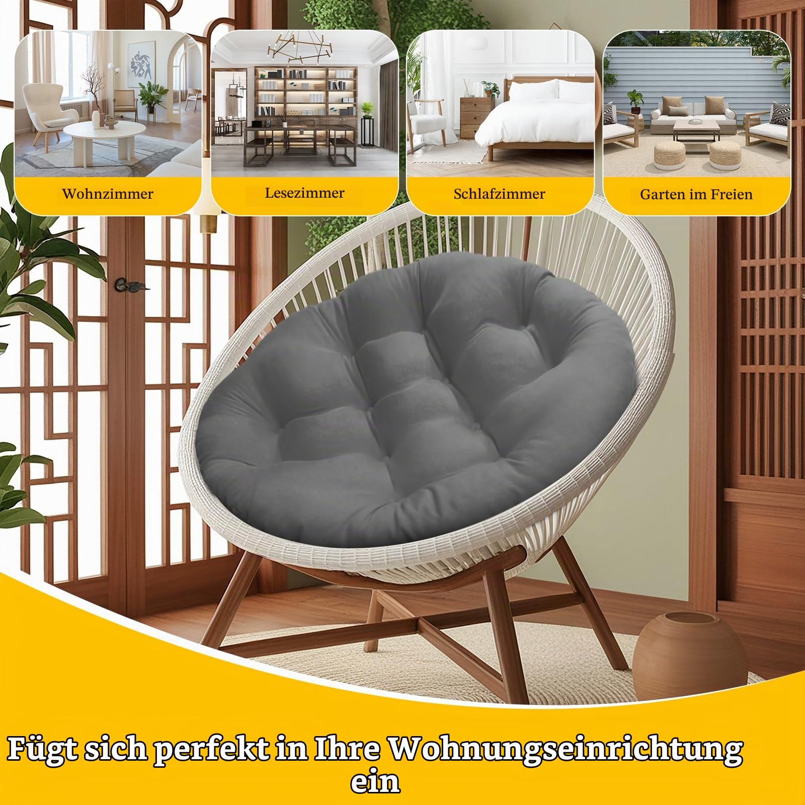 Baoblaze Gartenstuhl Kissen, 60 cm Rundes Sitzkissen, Gemütliches Stuhlauflage, Abnehmbar Sitzkissen Outdoor/Indoor, Stuhlauflagen für Schlafzimmer, Familienzimmer, Kissen für Hängesessel, Dunkelgrau