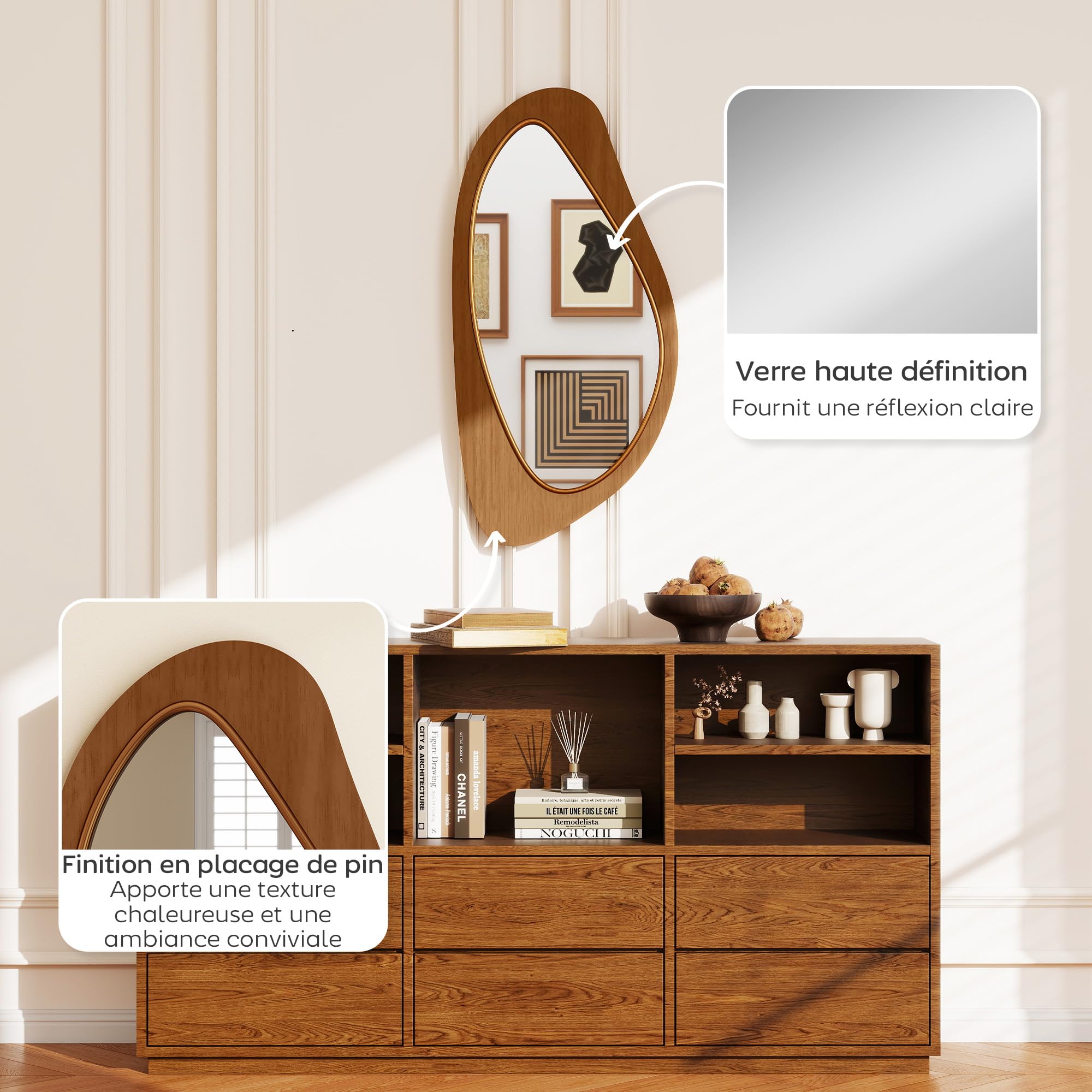 HOMCOM Miroir Mural asymétrique 91,5 x 45 cm Suspendu Effet Bois Naturel | Moderne, Cadre en Bois, pour Chambre, Salon, Dressing, Entrée