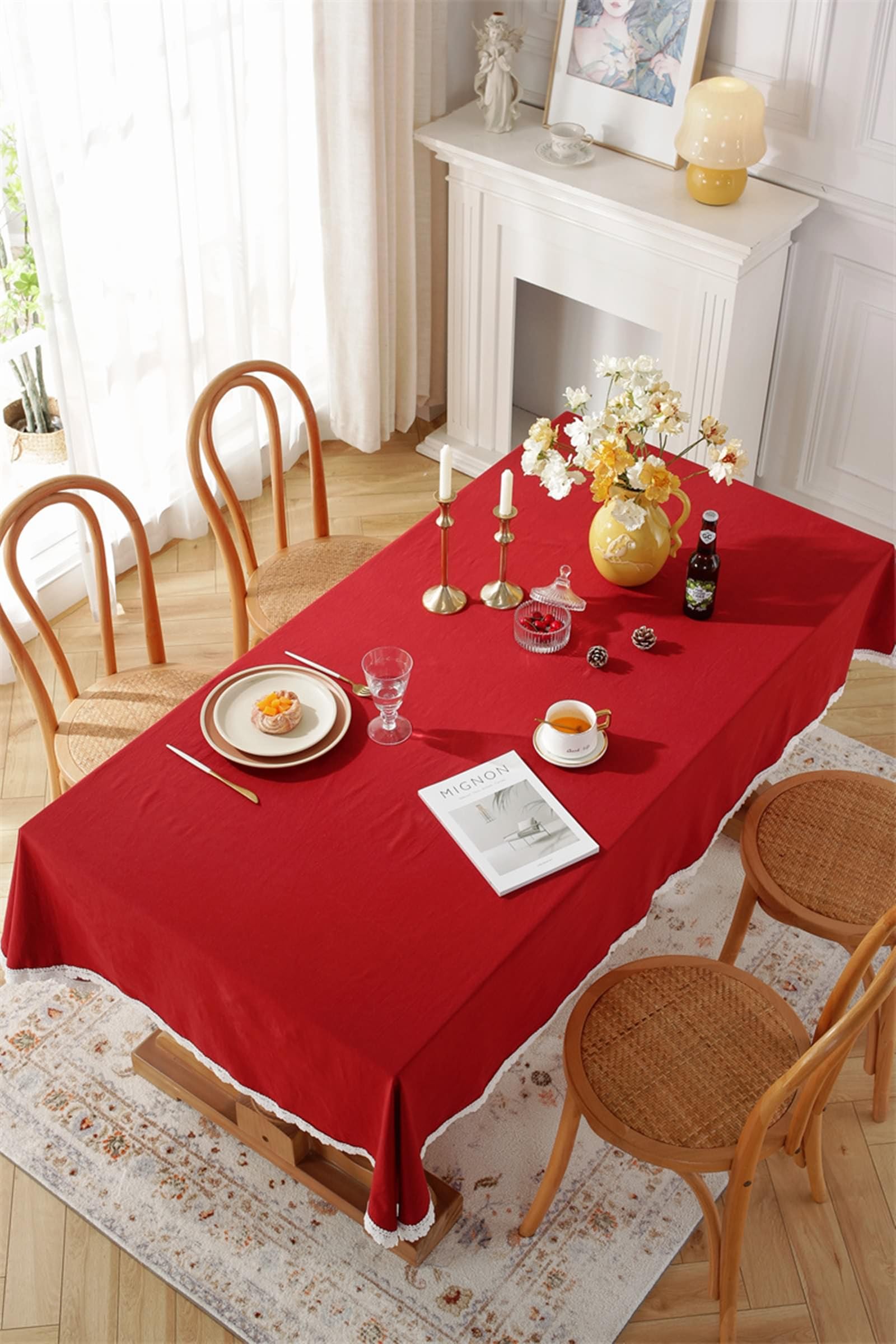 Tischdecke Spitze Vintage, Baumwolle Einfarbig mit Spitzensaum Tischtuch Fleckenschutz, Rot, 140 x 180 cm
