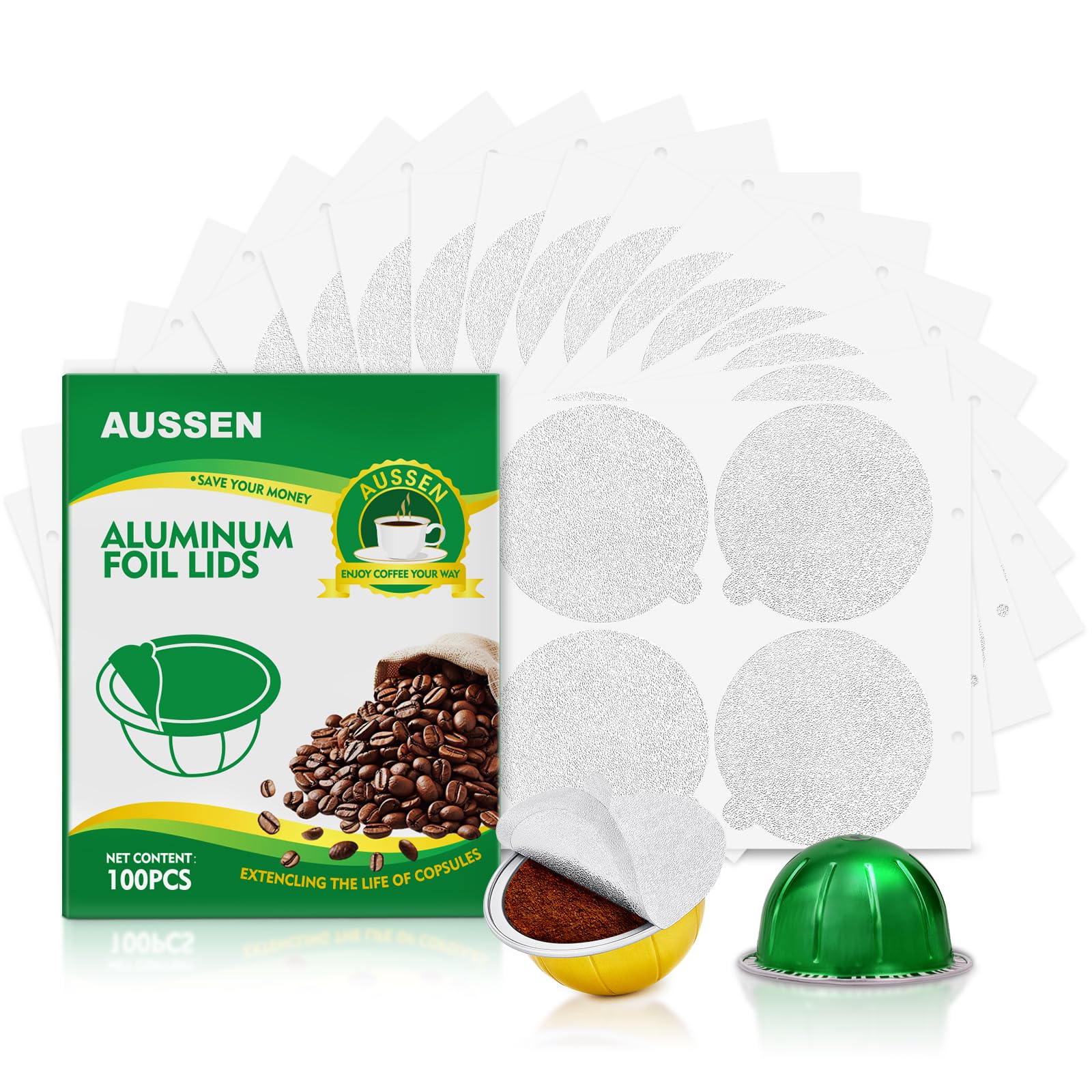 Tapas de sellado de papel de aluminio para cápsulas Nespresso reutilizables, compatibles con máquina Nespresso Vertuoline, sellos de cubierta de cápsulas de café reutilizables de 64 mm, 100 unidades