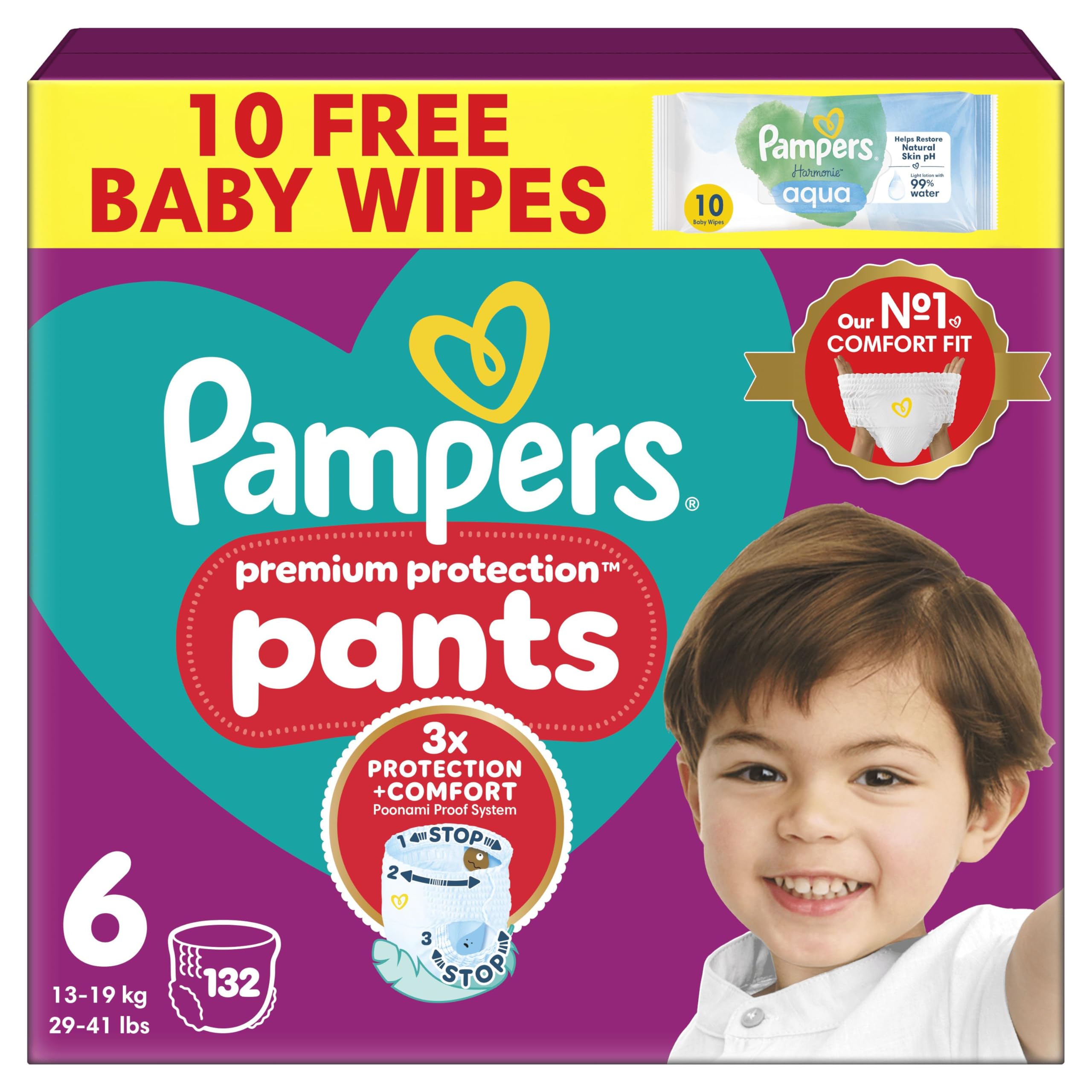 Pampers Premium Protection Nappy Pants Size 6, 132 Nappies, 13kg-19kg, Monthly Pack + Pampers Harmonie Aqua Baby Wipes 1 pack of 10 Wipes