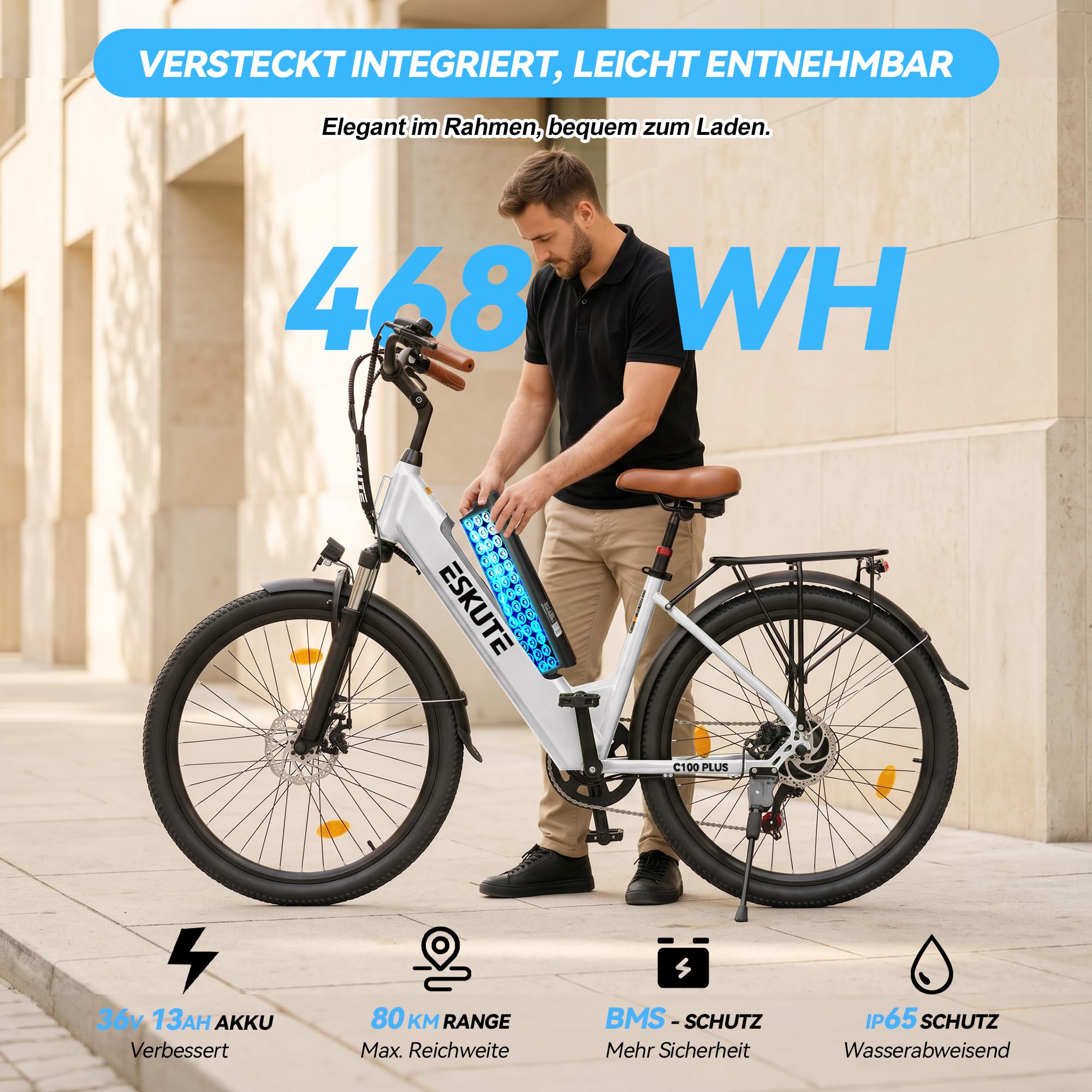 ESKUTE C100 Plus - Bicicleta eléctrica de 26 pulgadas, motor eléctrico de ciudad de 250 W, batería de repuesto de 36 V y 13 Ah, pantalla LCD, para hombre y mujer