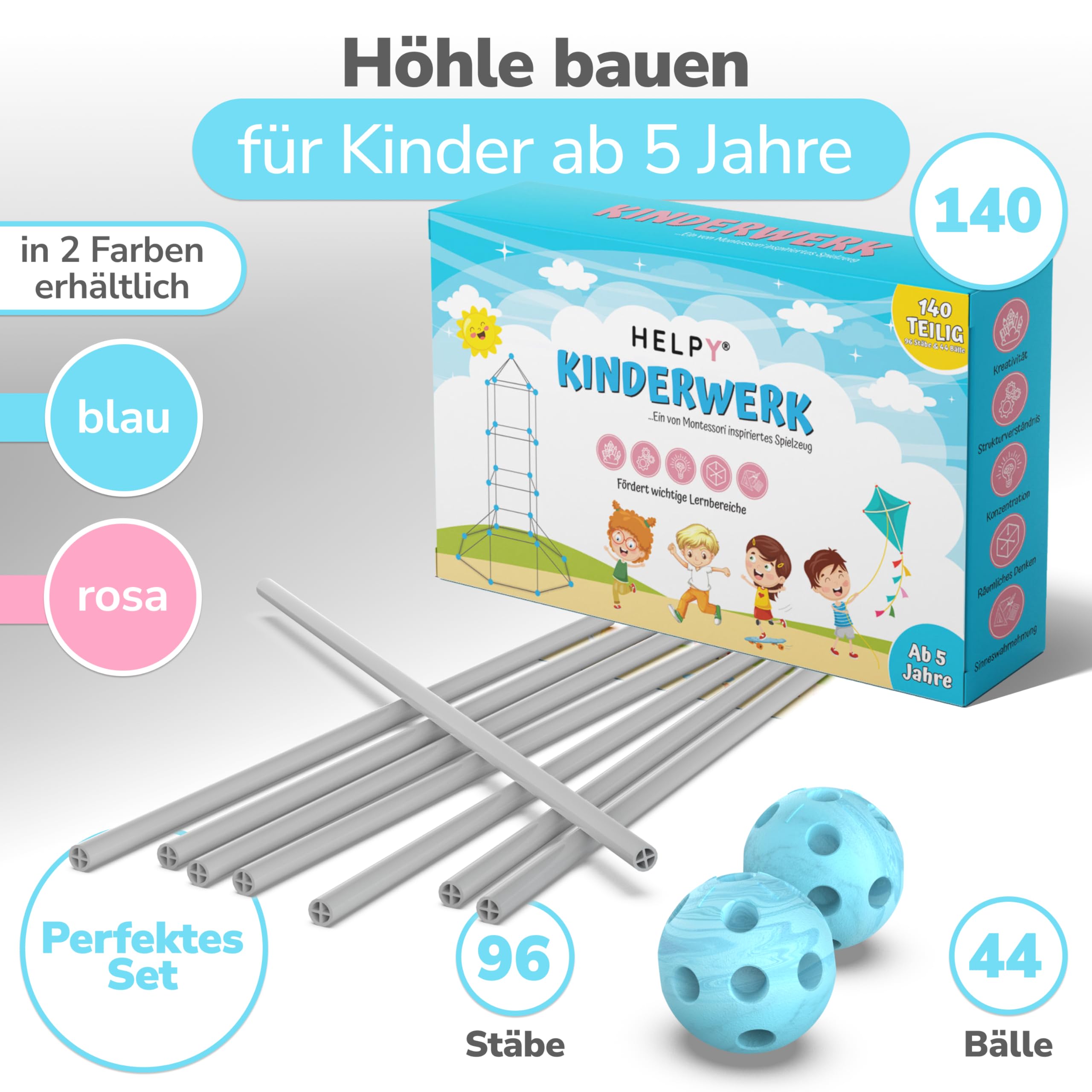 KINDERWERK - Konstruktionsspielzeug – 140-teiliges Set zum Höhle Bauen für Kinder – Unterstützt Kreativität & räumliches Denken – Indoor & Outdoor Spielzeug (blau/grau) (Packung mit 2)