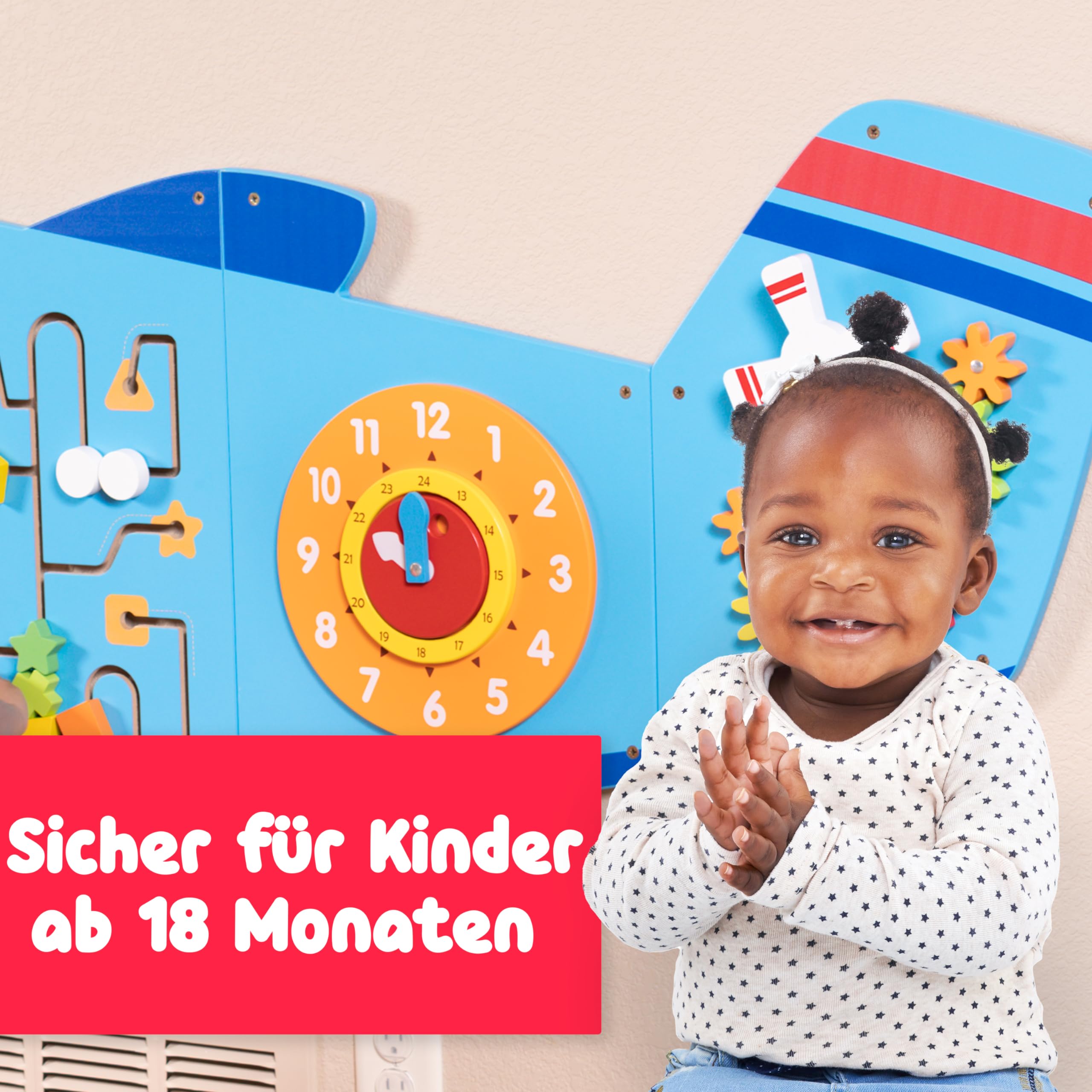 SPARK & WOW Flugzeug Aktivitäten-Wandtafeln - Ab 18 Monaten - Montessori Sensorisches Wandspielzeug - 6 Aktivitäten - Busy Board - Kleinkindzimmer Dekoration