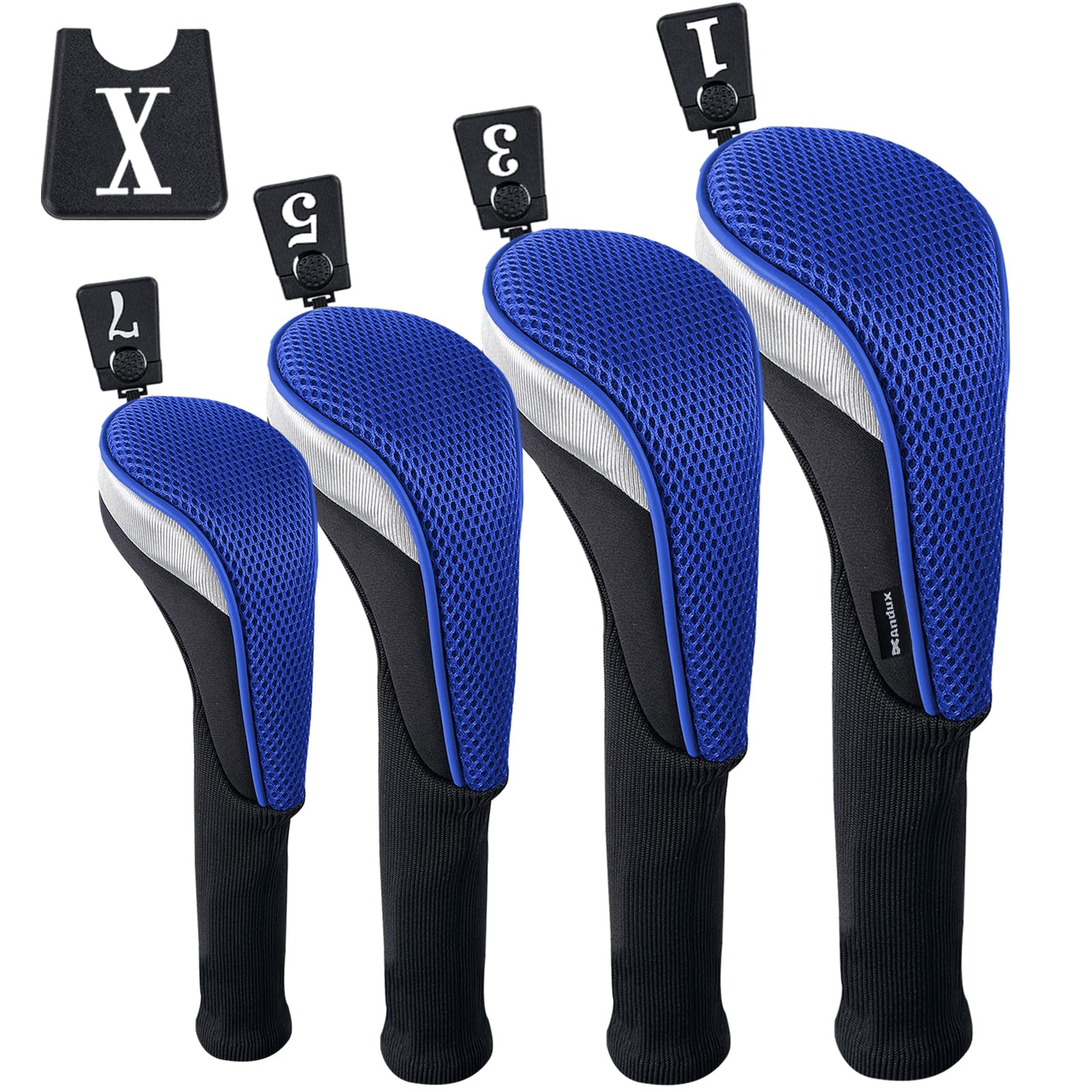 Andux Lot de 4 Couvre-Clubs de Golf 460 CC en Bois avec étiquettes interchangeables