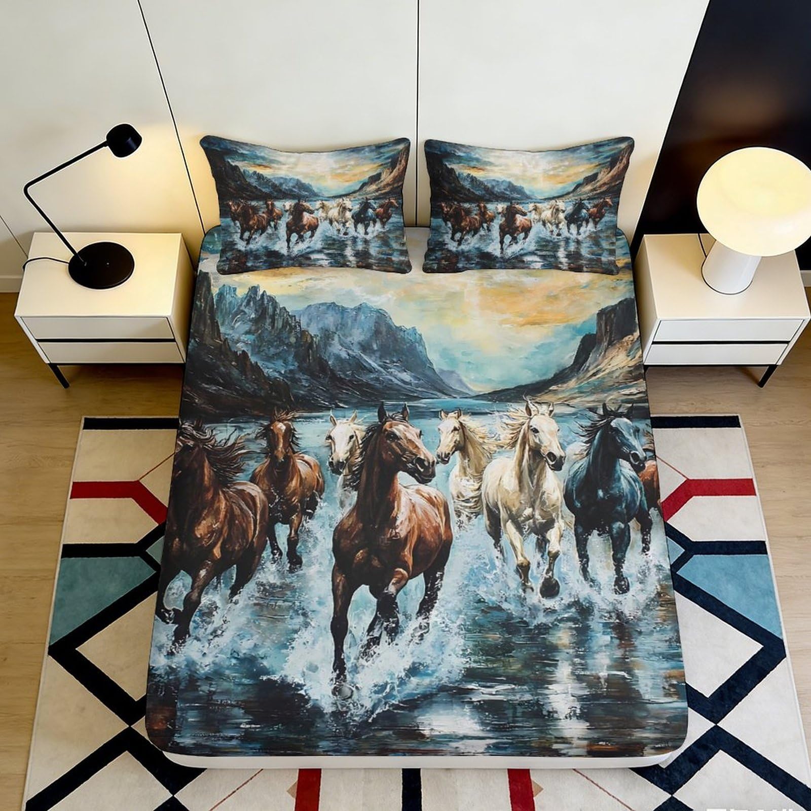 Pnayamiorkfel Style-8 3D Printed Wild Horse Fitted Sheet Microfiber Artistic Mountain Bed Cover For Bedroom Guest Room Dorm Decor Easy Care 90X200x25cm