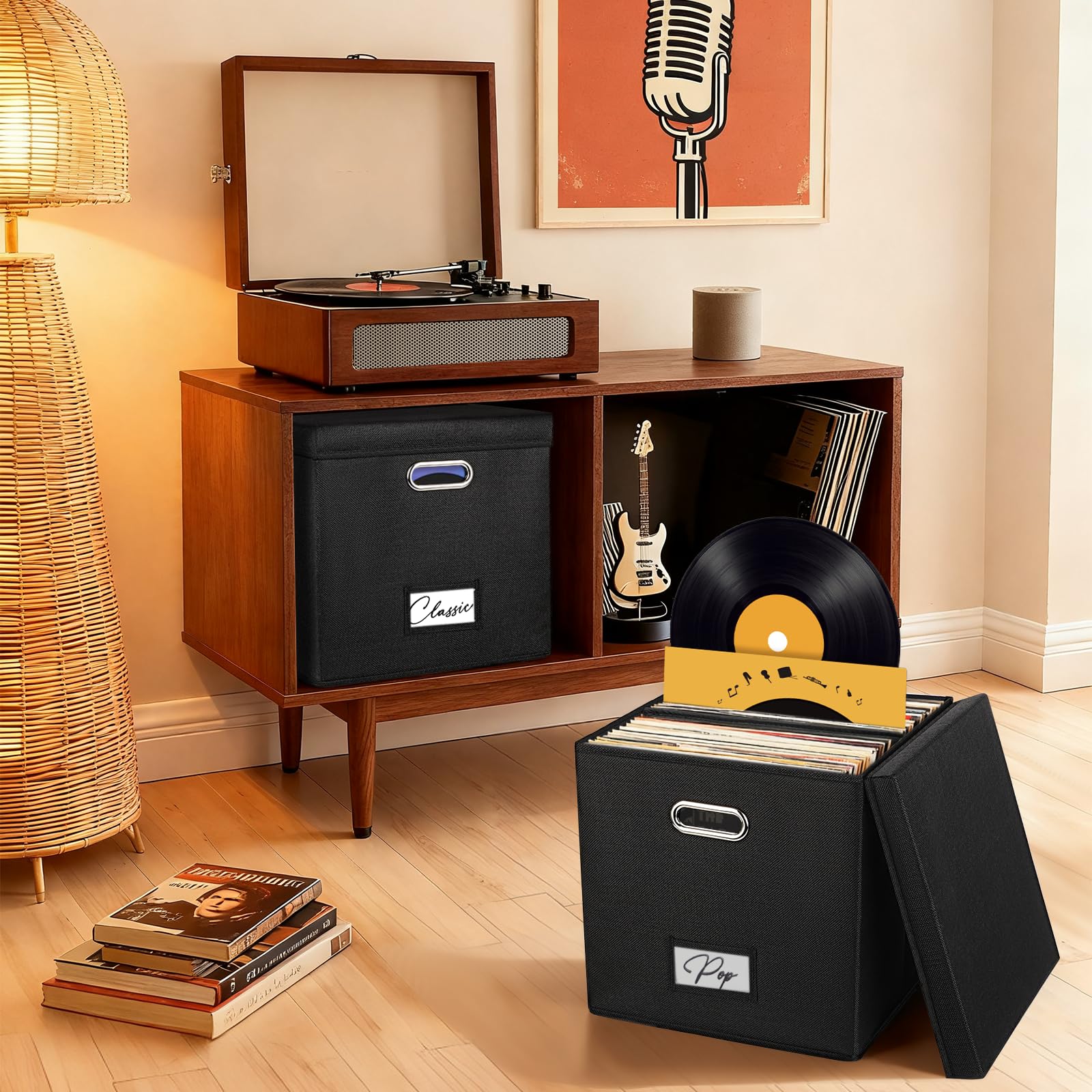 Woodoulogy Scatola nera in lino per LP in vinile, impilabile con coperchio e maniglia – Capacità 50+ dischi, organizer per album e documenti