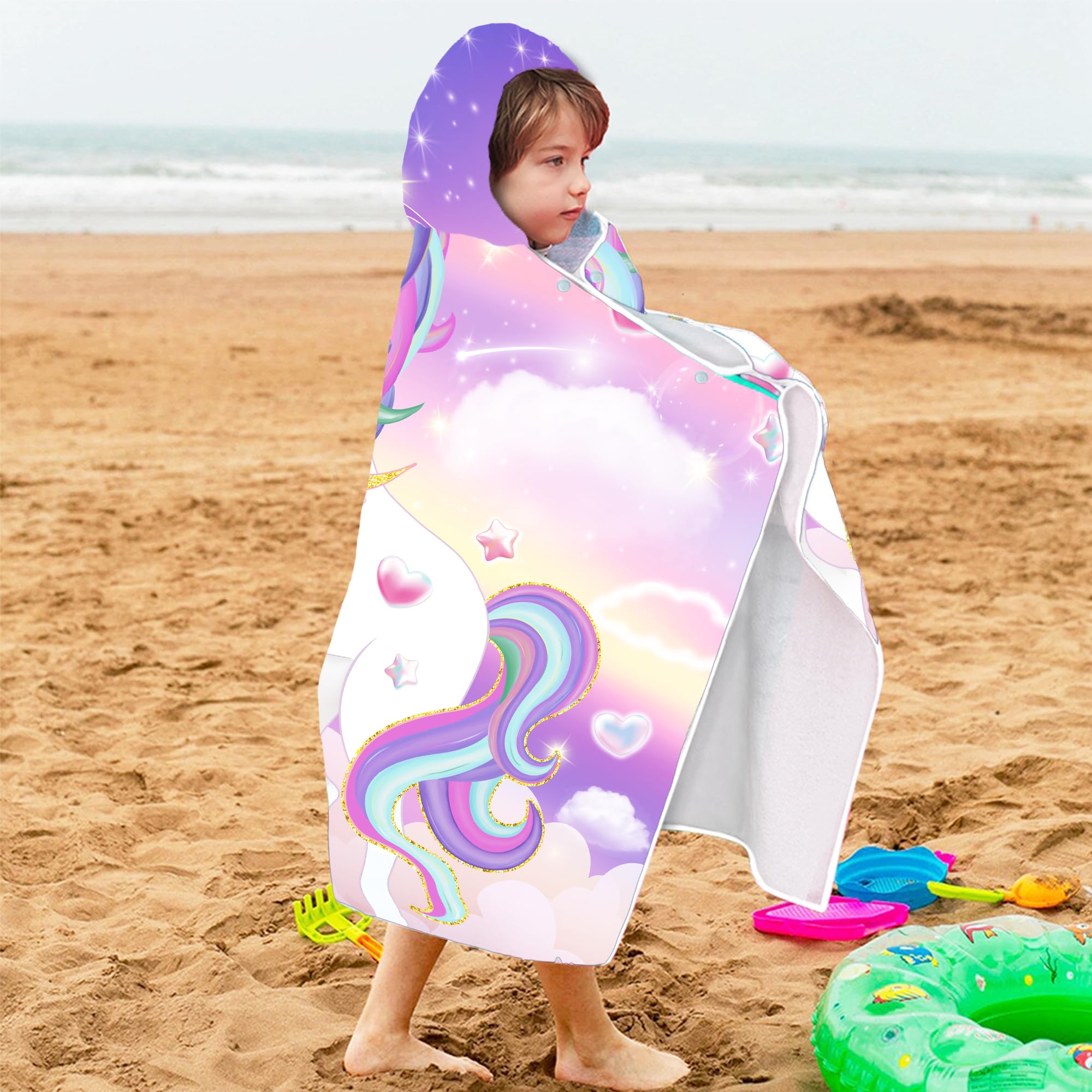 FUTBU Einhorn-Strandtuch mit Kapuze, Einhorn-Poncho-Handtuch für Mädchen, niedliches Cartoon-Motiv, weich, saugfähig, Badetücher mit Kapuze, für Kinder, Kleinkinder, 76,2 x 127 cm, Bademantel mit