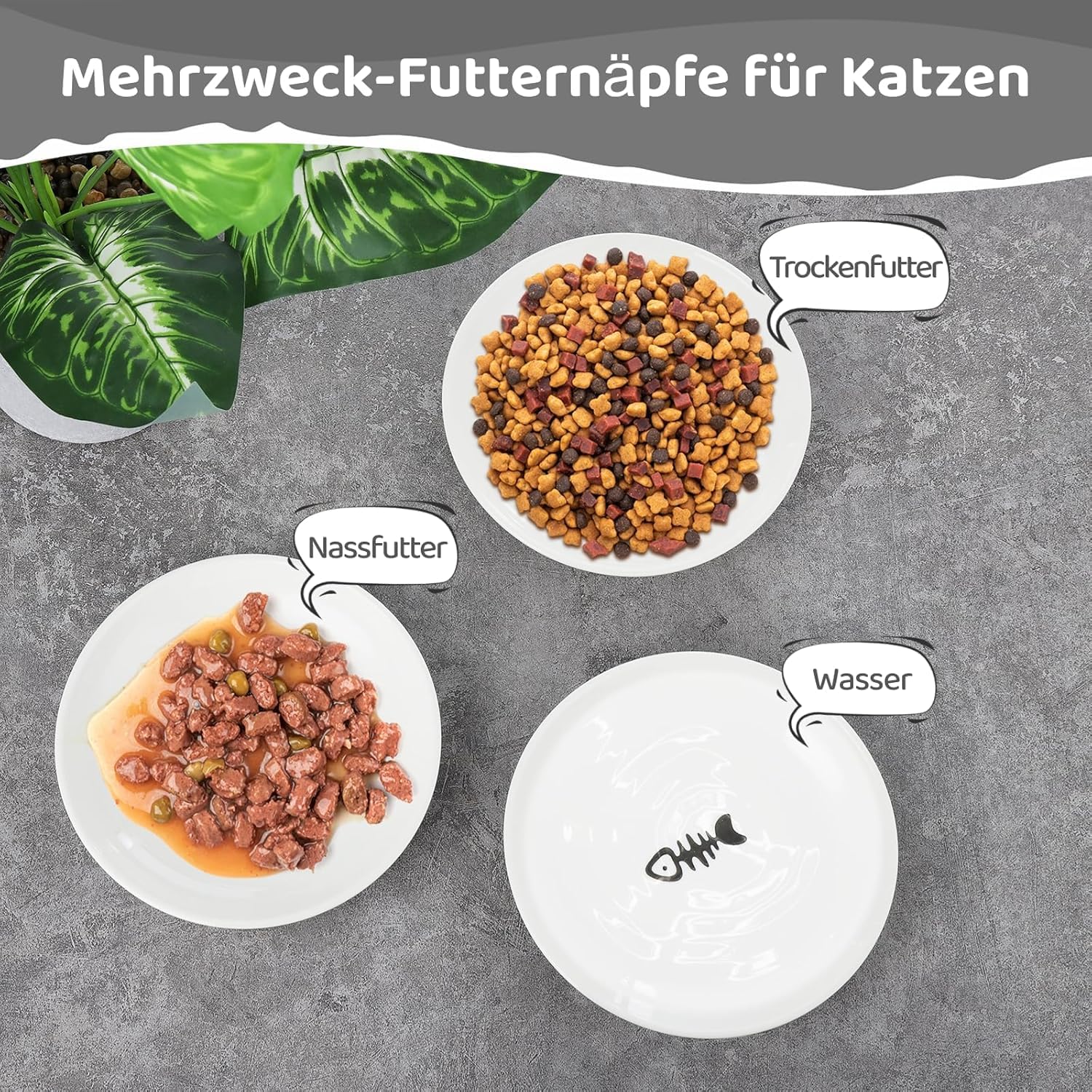 Pavlleen 3 ceramiczne miski dla kotów, z antypoślizgowym gumowym dnem, płaska, szeroka miska na karmę i wodę dla kotów, przeciw wąsom