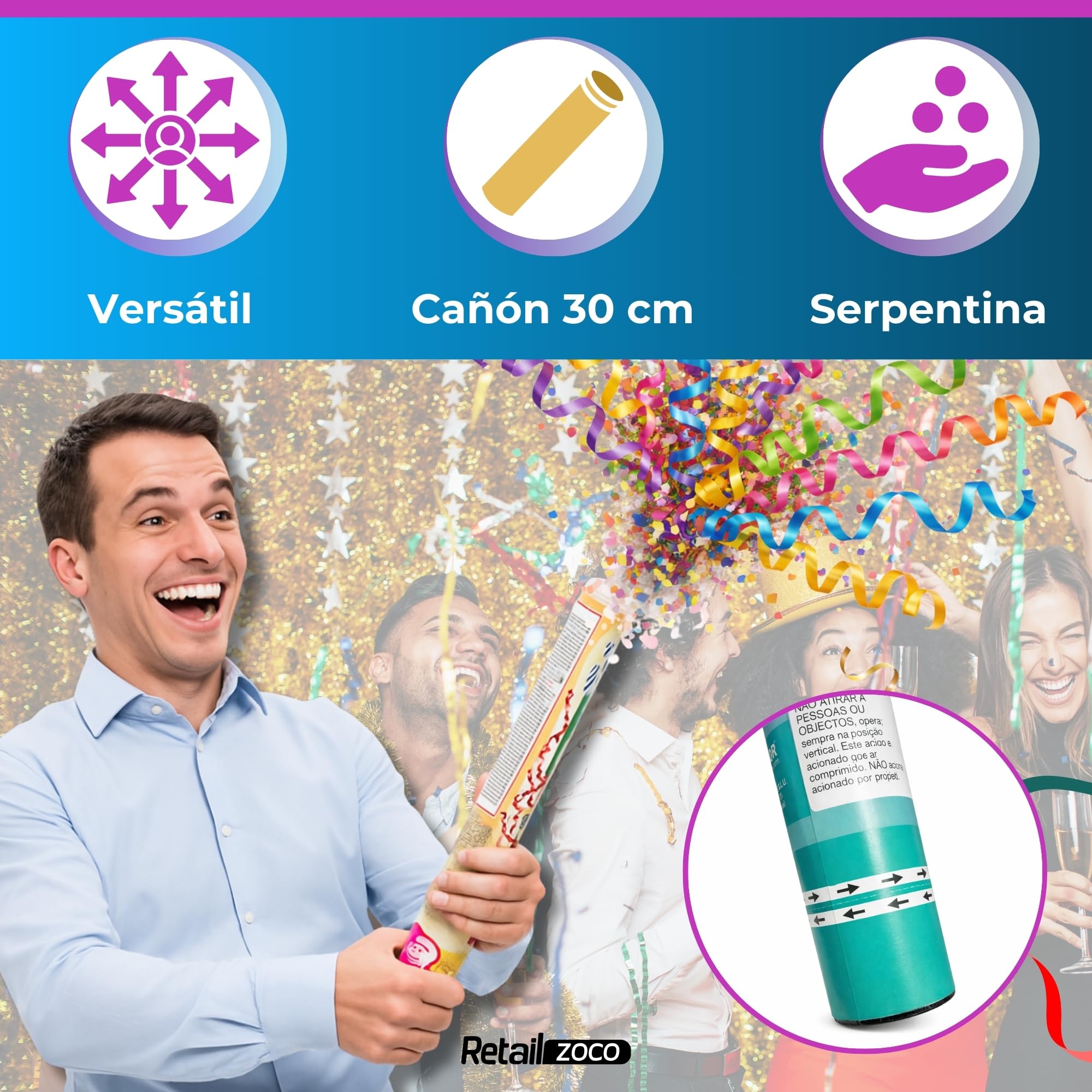 Cañón Confeti Boda, Cañón para fiestas y eventos, Fáciles y Seguros de Usar, Apto para bodas, eventos, celebraciones, Uso interior y Exterior, Diseño Serpentina Multicolor, 30 cm, Pack de 12 unidades