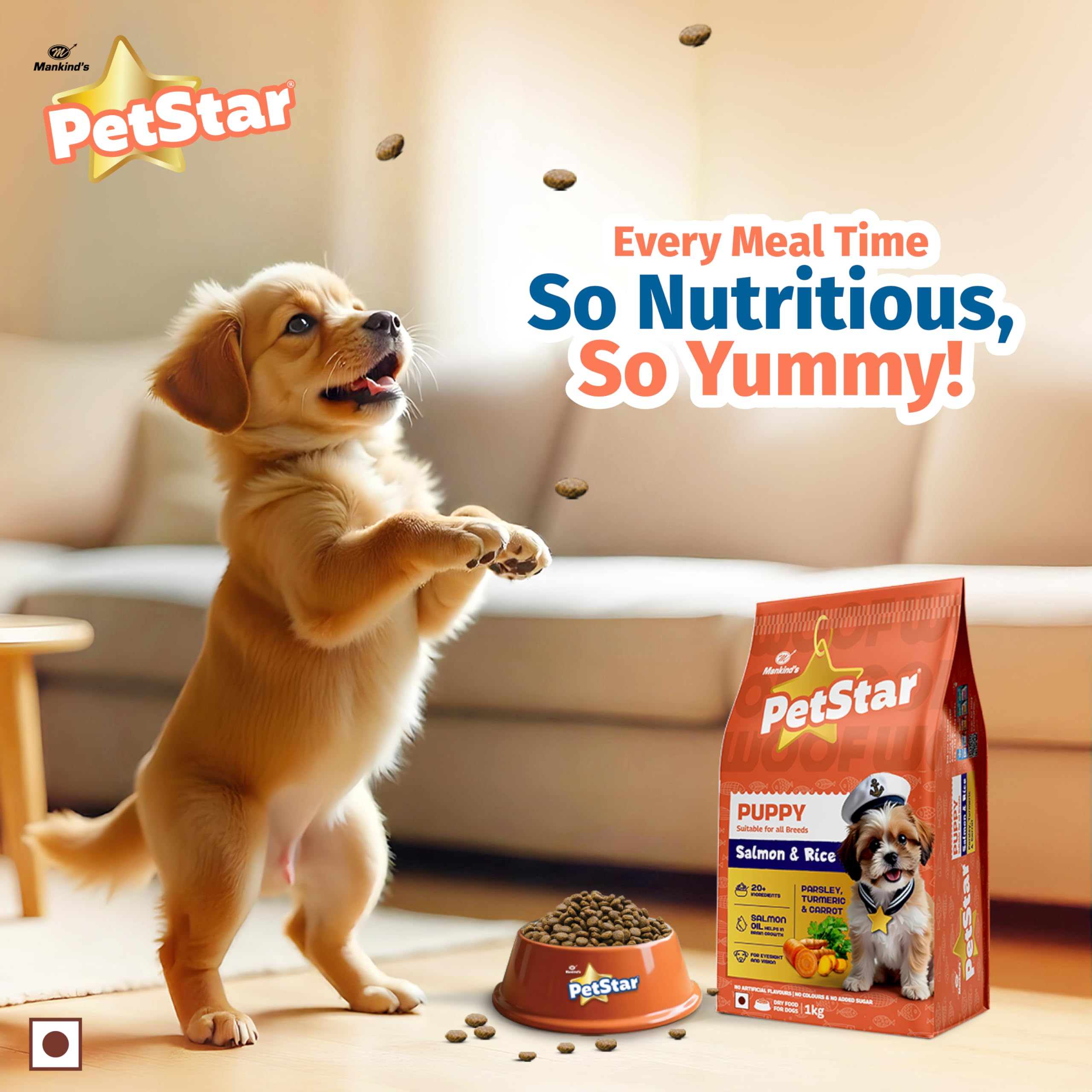 Mankind Petstar Puppy Dry Dog Food (High Protein) Salmon & Rice Flavor, 1kg Pack | Improves Muscle & Strength, Supports Immunity, Protects Liver & Kidney 1