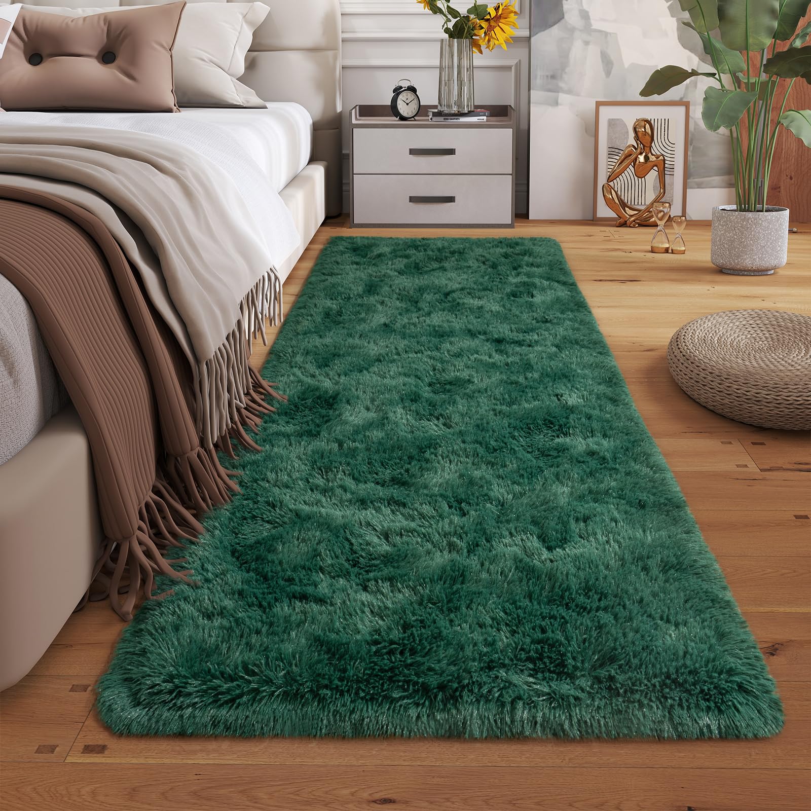 Dssimo Super Fluffy Runner Rug for Bedroom, Modern Shag Green Area Rugs, Soft and Cozy Plush Small Carpet for Kids,Girls Boys and Teens Decorations